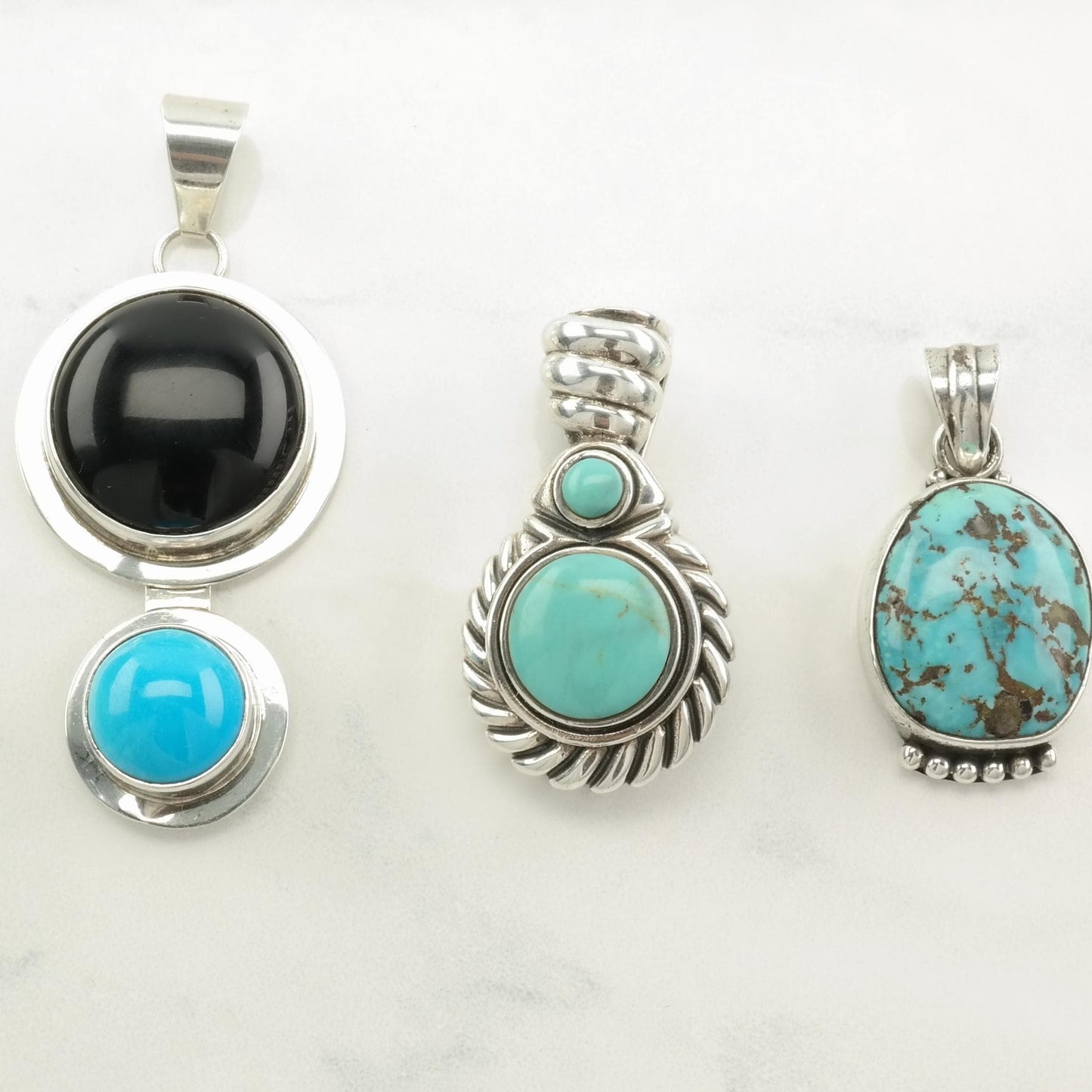 Choice Vintage Southwest Onyx, Turquoise Sterling Silver Pendant