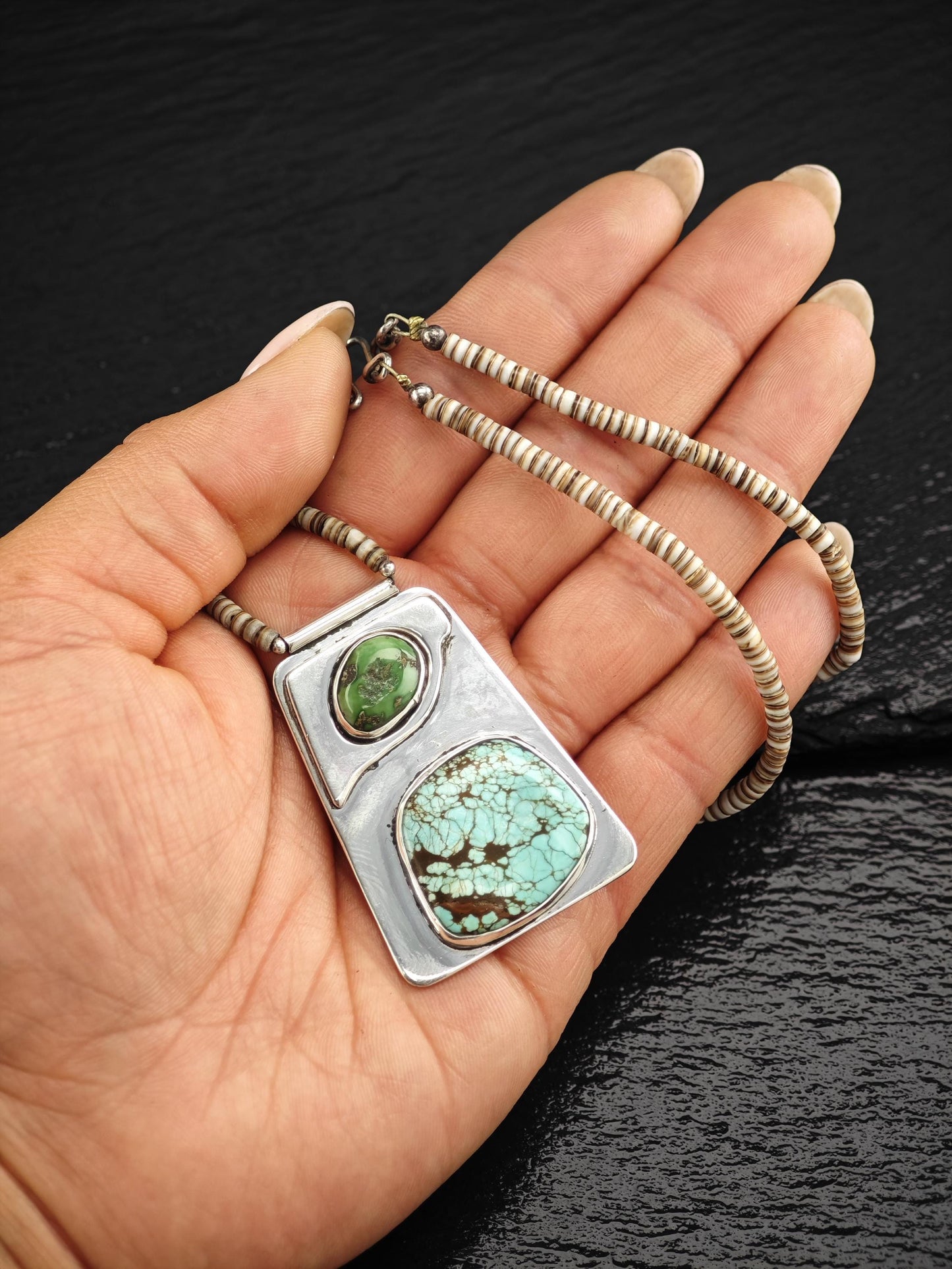 Native, Number Eight Turquoise, Heishi Bead Necklace Sterling Silver N2515