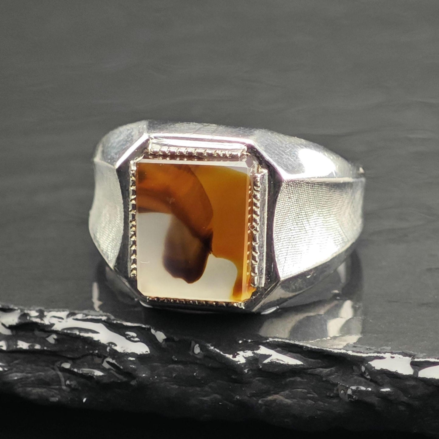 Art Deco Clark & Coombs Agate Signet Sterling Silver Ring Sz 10 1/2 R6718