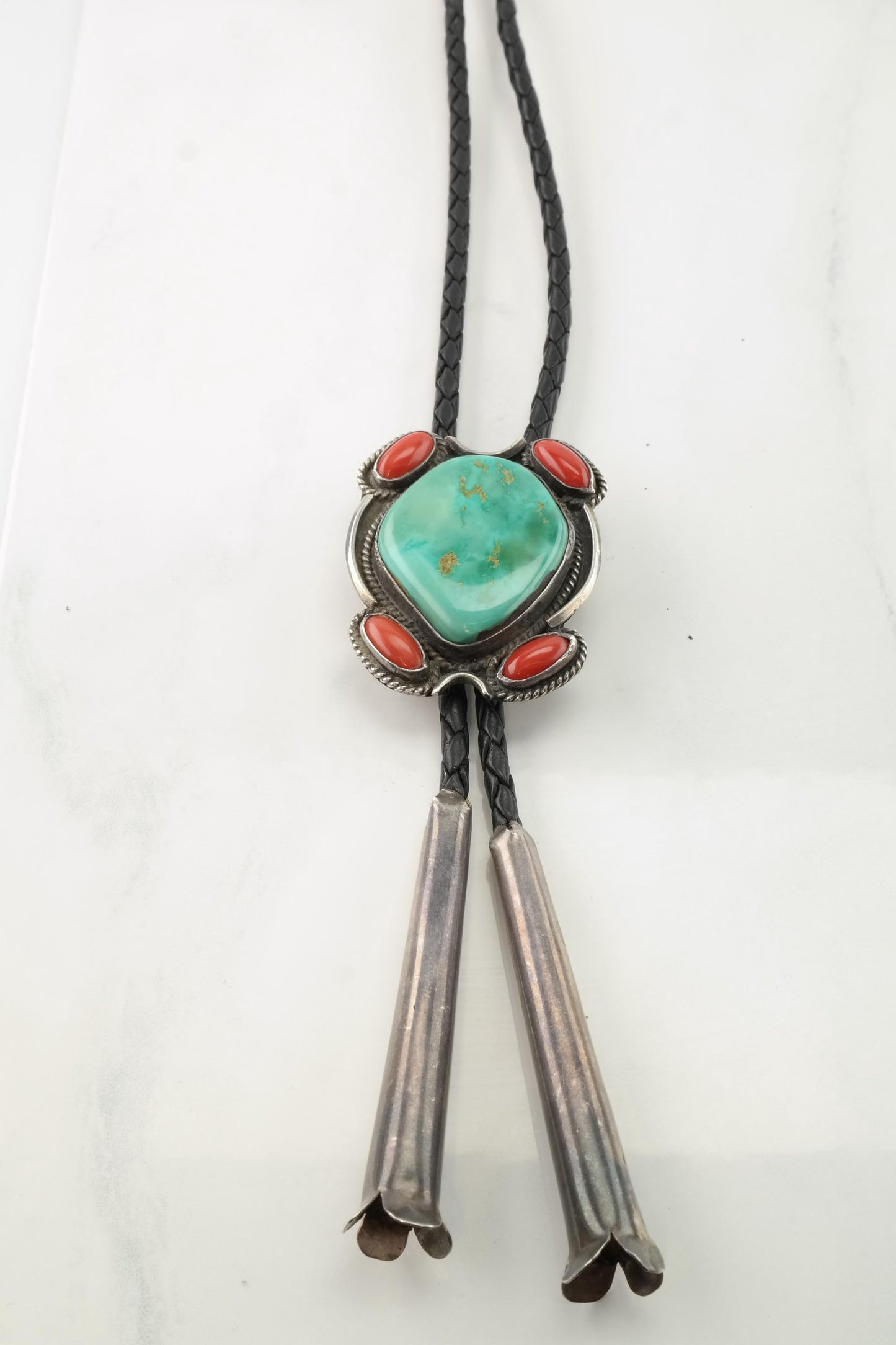 Native American Turquoise Coral Bolo Tie Sterling Silver Necklace