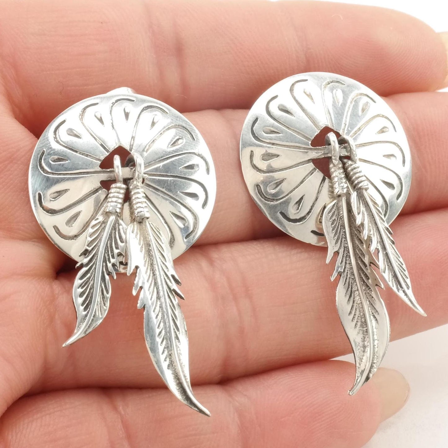 Vintage Concho Feather Stud Earrings Sterling Silver Stamped