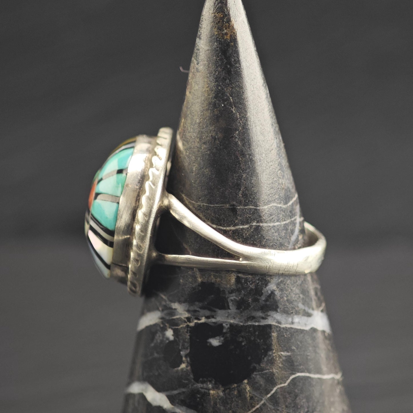 Zuni Inlay Sunface Sterling Silver Ring by Angela Lahty Sz 7 R6671