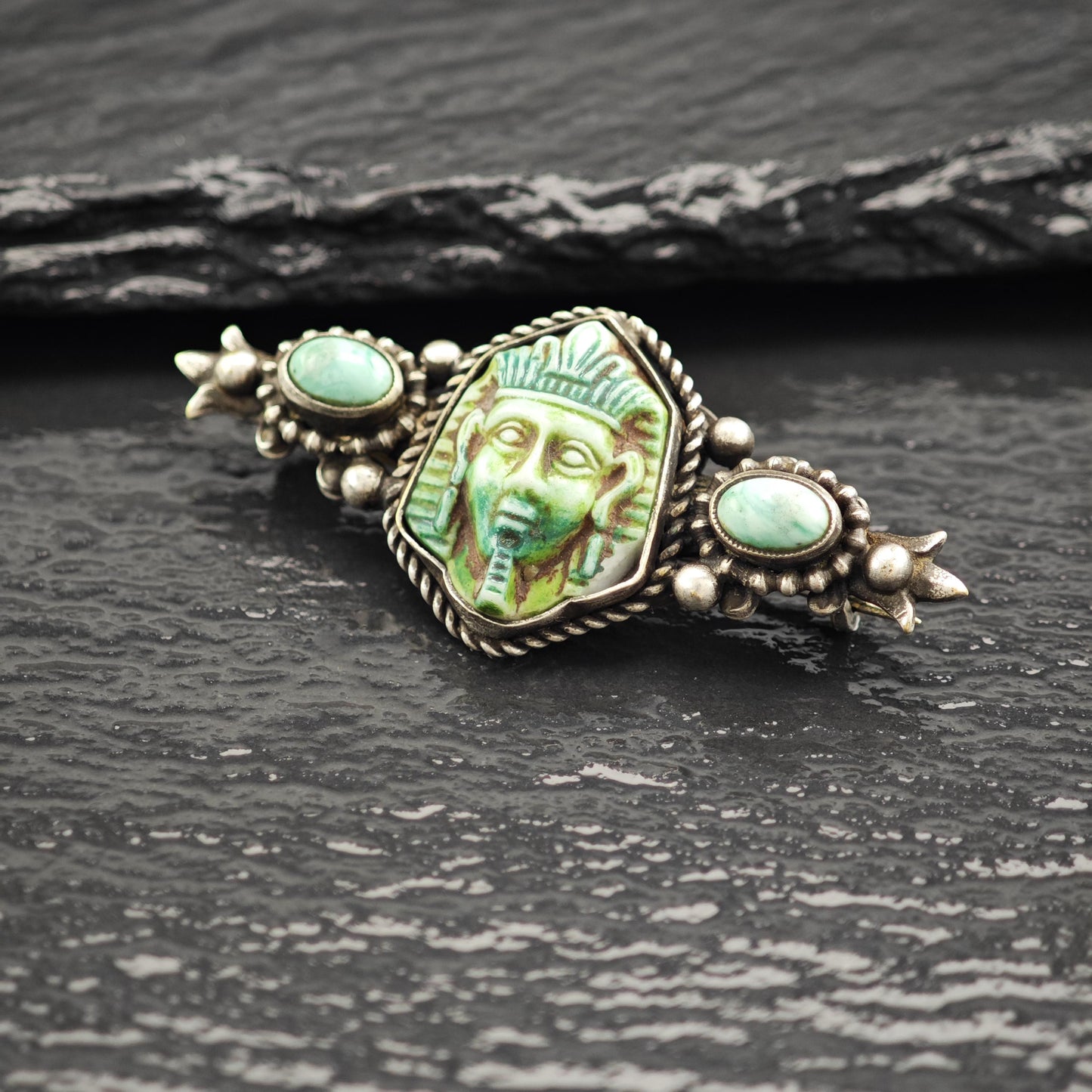 Egyptian Revival Green Turquoise Sterling Silver Brooch