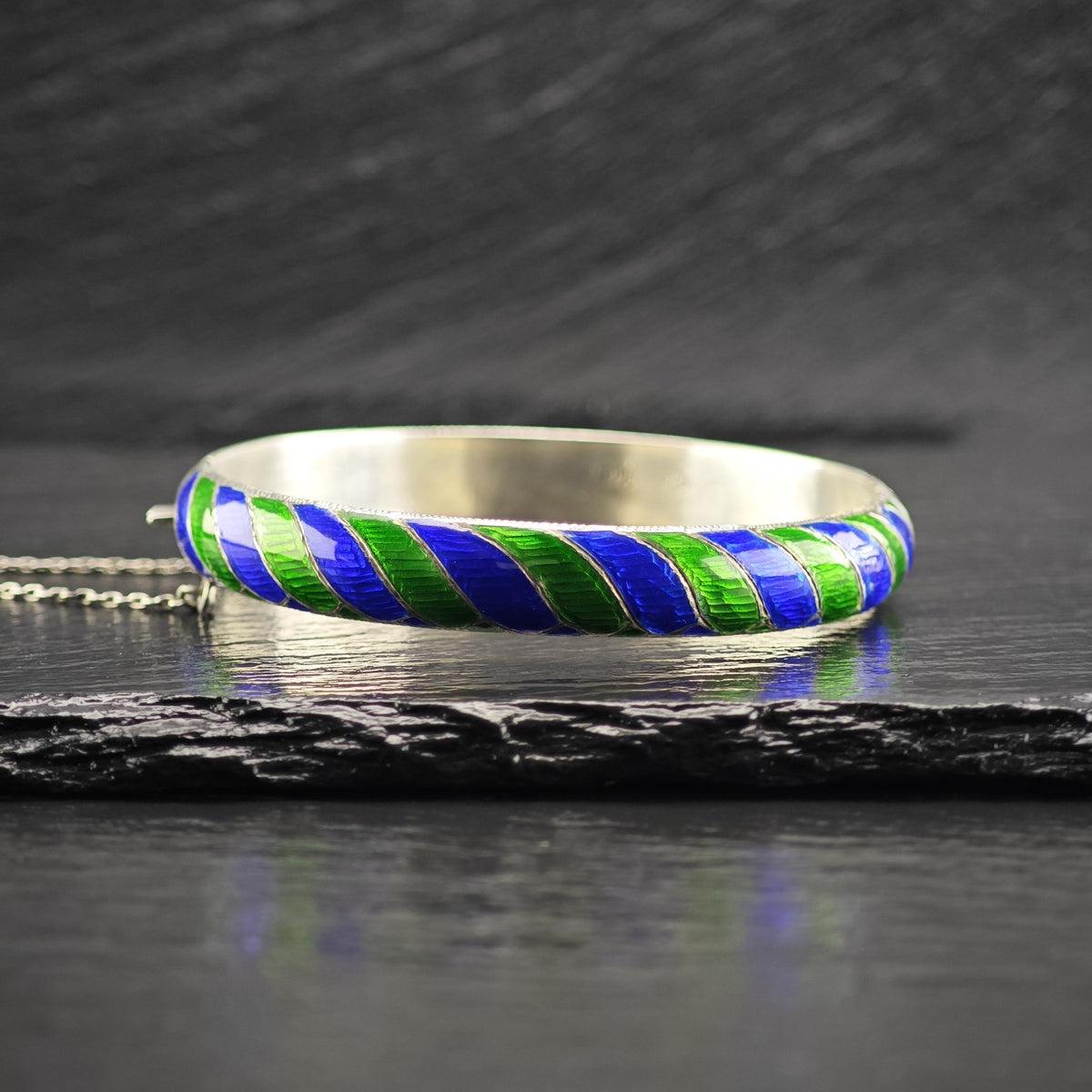 Blue, Green Striped Enamel Sterling Silver Bangle Bracelet Sz 7 1/4" BR3189