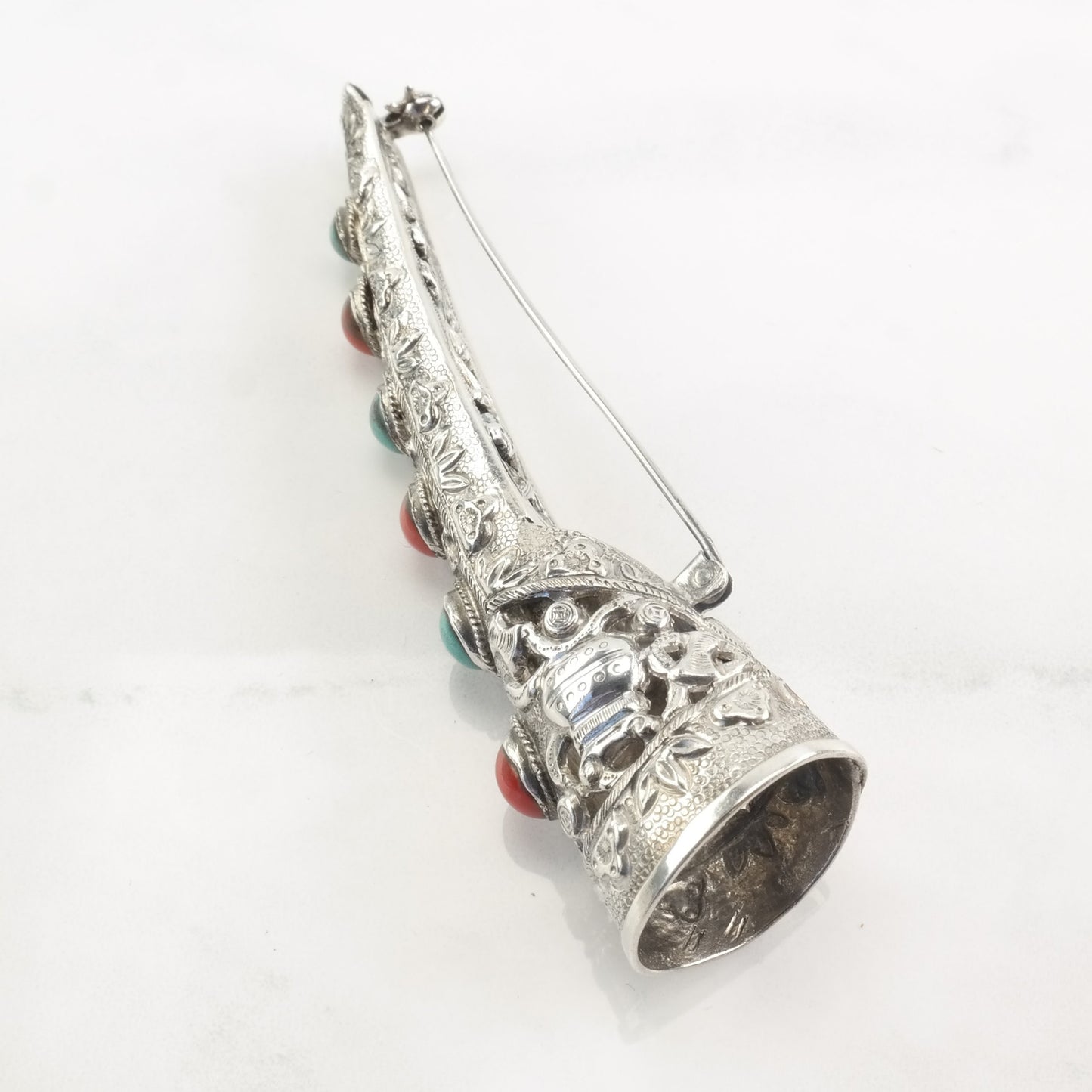 Chinese Sterling Silver Filigree Fingernail Brooch with Turquoise and Coral