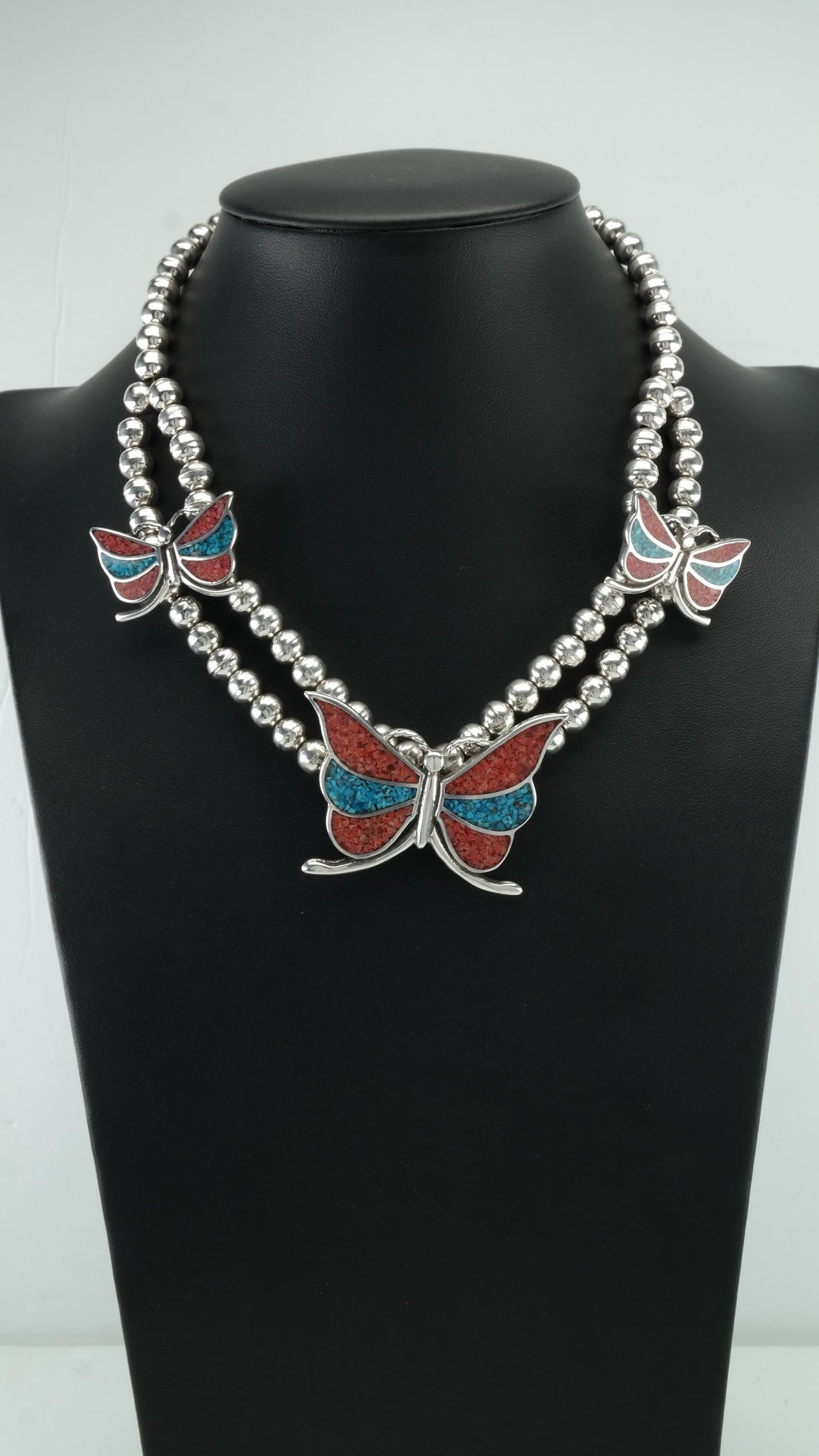 Sterling Silver Butterfly Necklace, Turquoise & Coral, Southwest