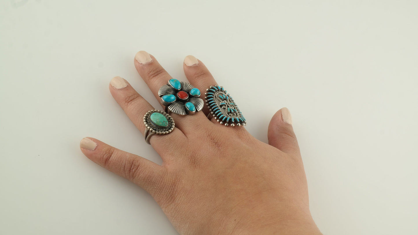 Native American Silver Ring Turquoise, Coral Floral Sterling Size 7