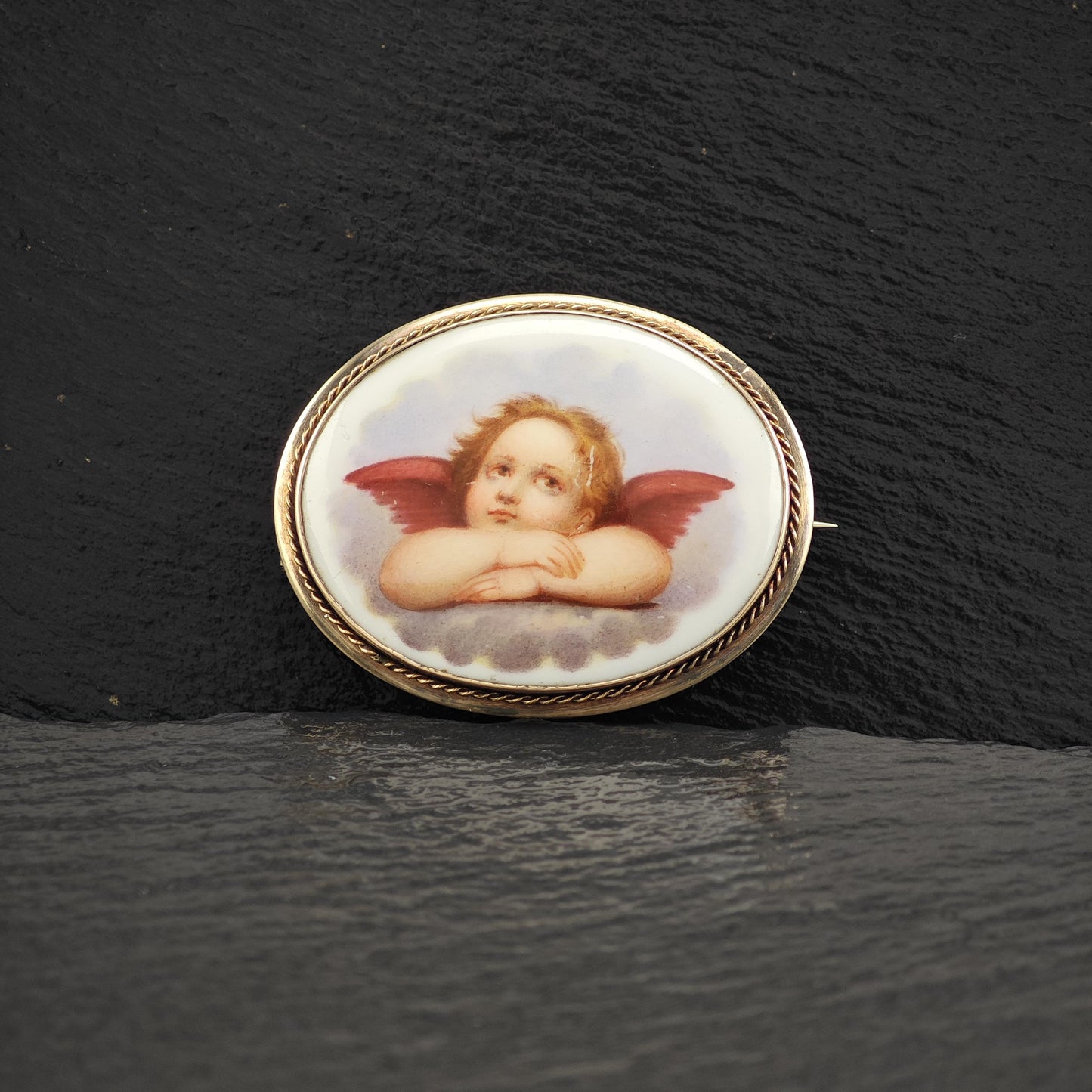 Antique, Victorian Cherub Porcelain Brooch 9-10K Gold