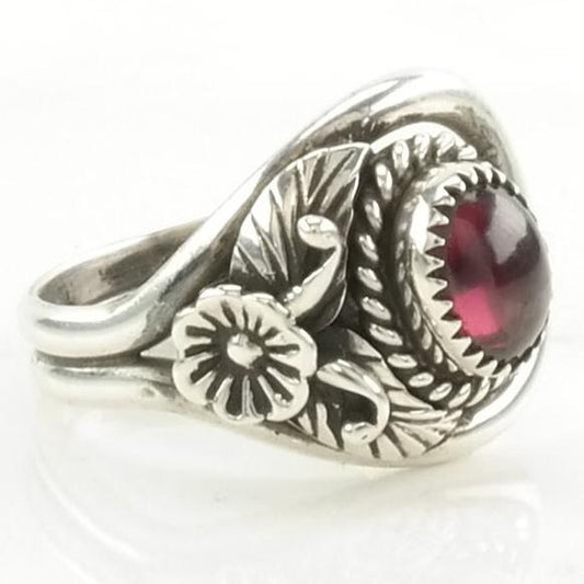 Vintage Silver Garnet Ring Floral Sterling Red Size 5 1/2