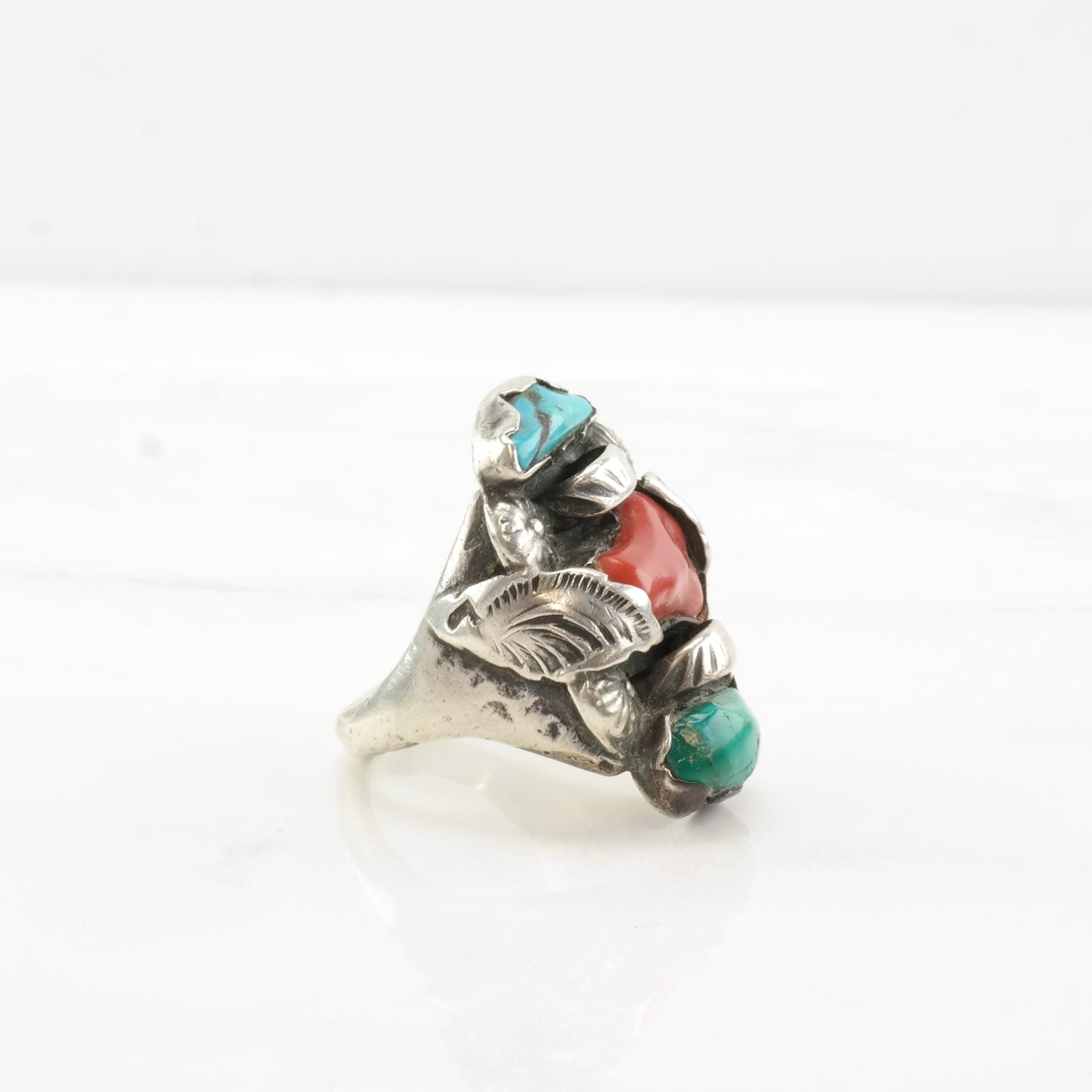 Dan Simplicio Silver Ring Coral Turquoise Leaf Sterling Size 10 3/4