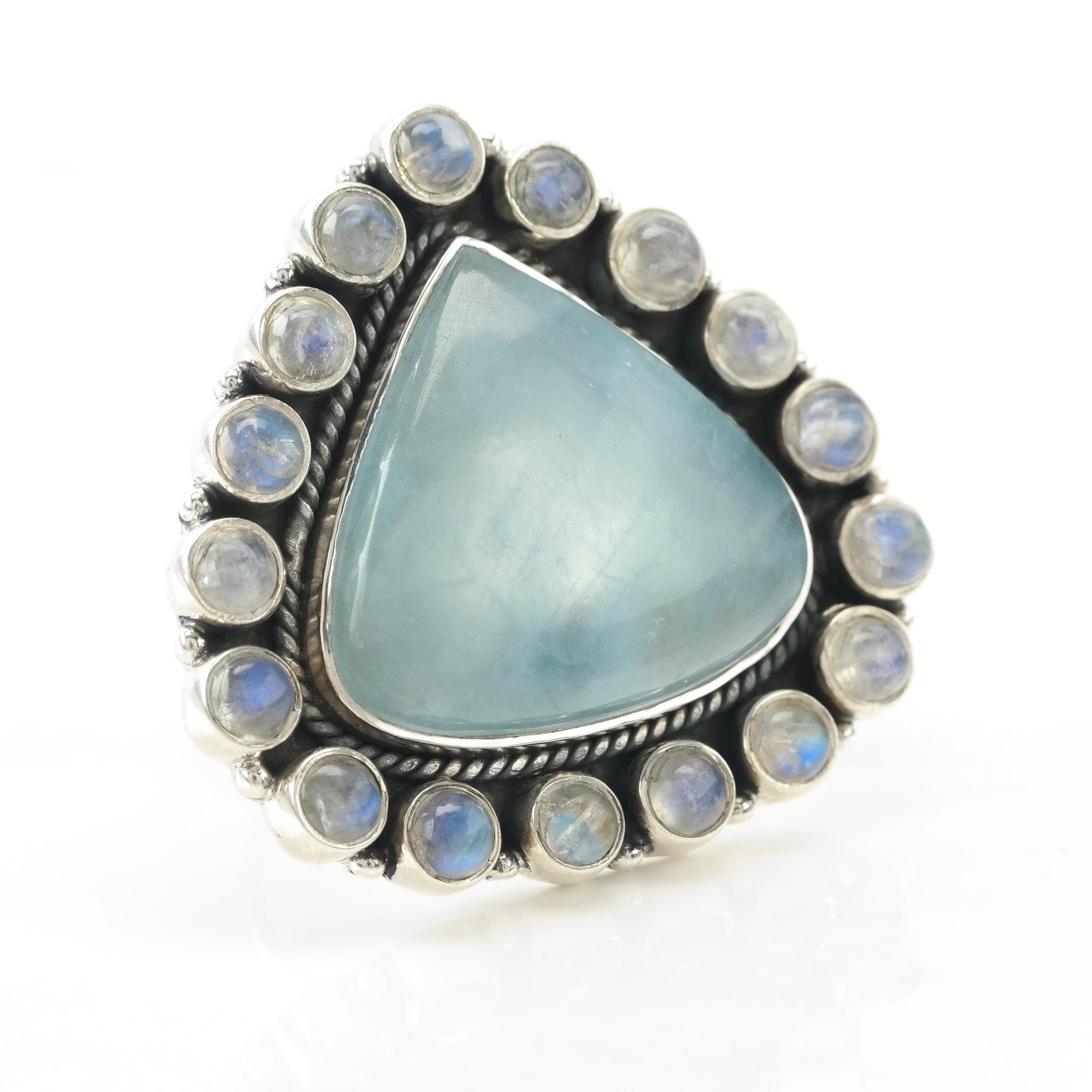 Aquamarine Moonstone Sterling Silver Ring Blue Adjustable