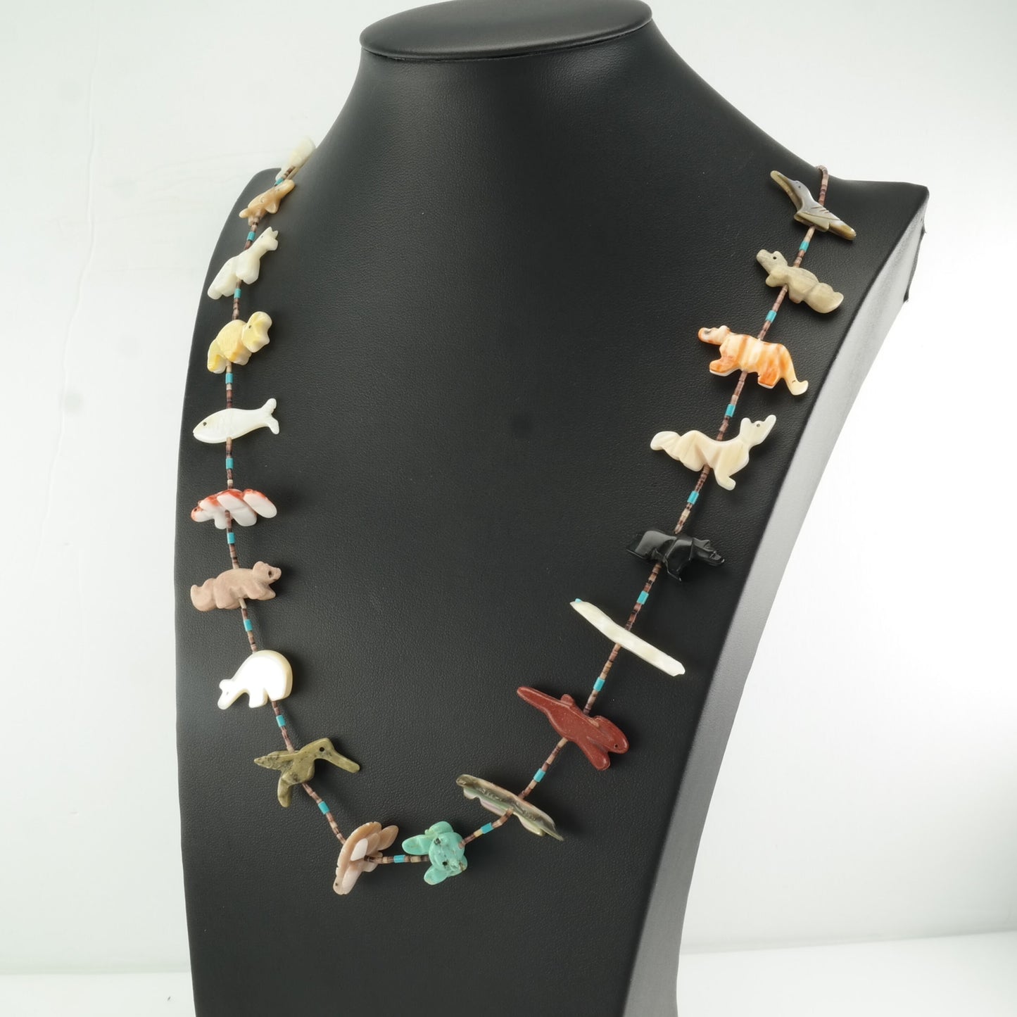 Native American Sterling Silver Onyx, Coral, Turquoise, MOP Carved Animal, Fetishes, Heishi Necklace