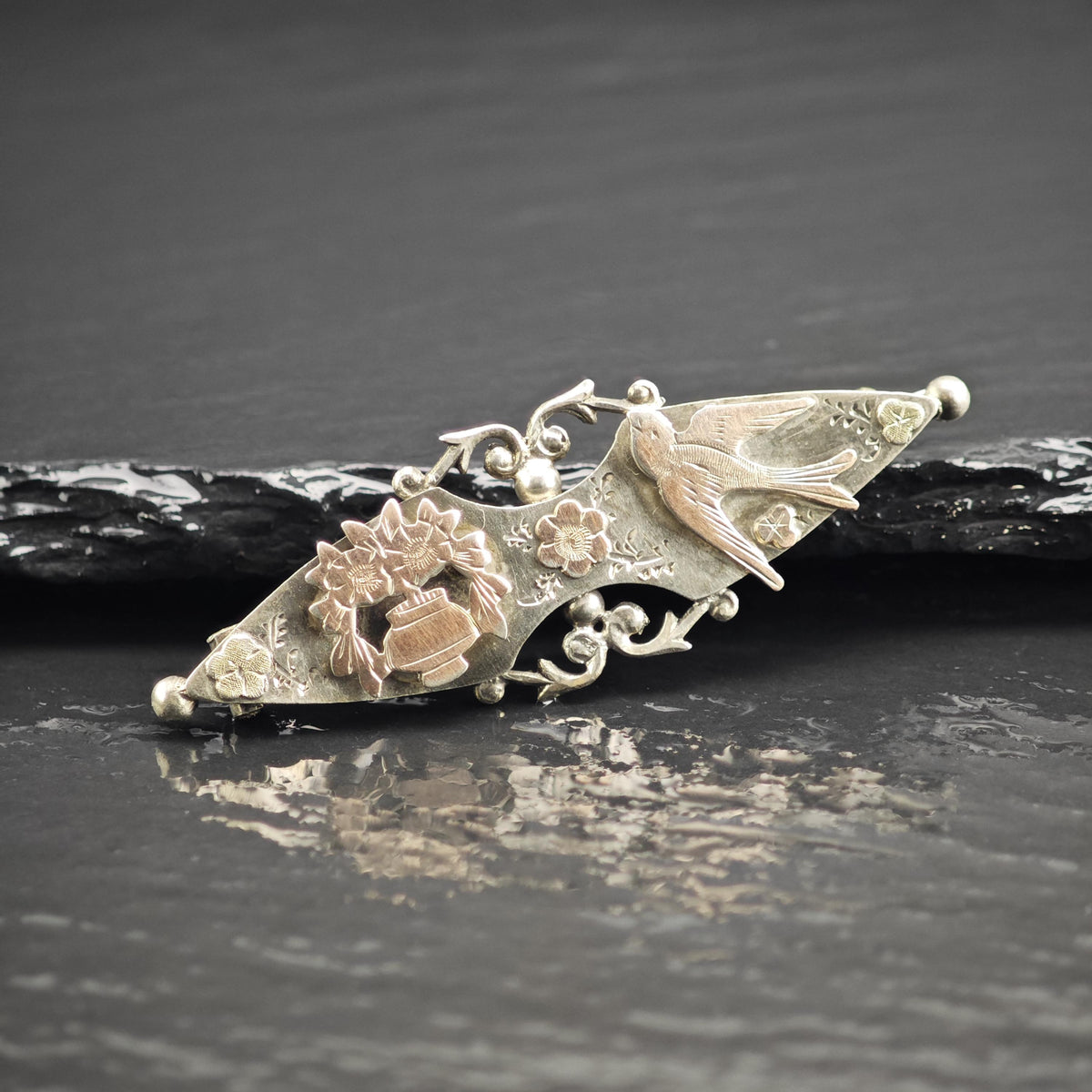 Rose Gold Accent Bird & Flower Brooch Sterling Silver B2243