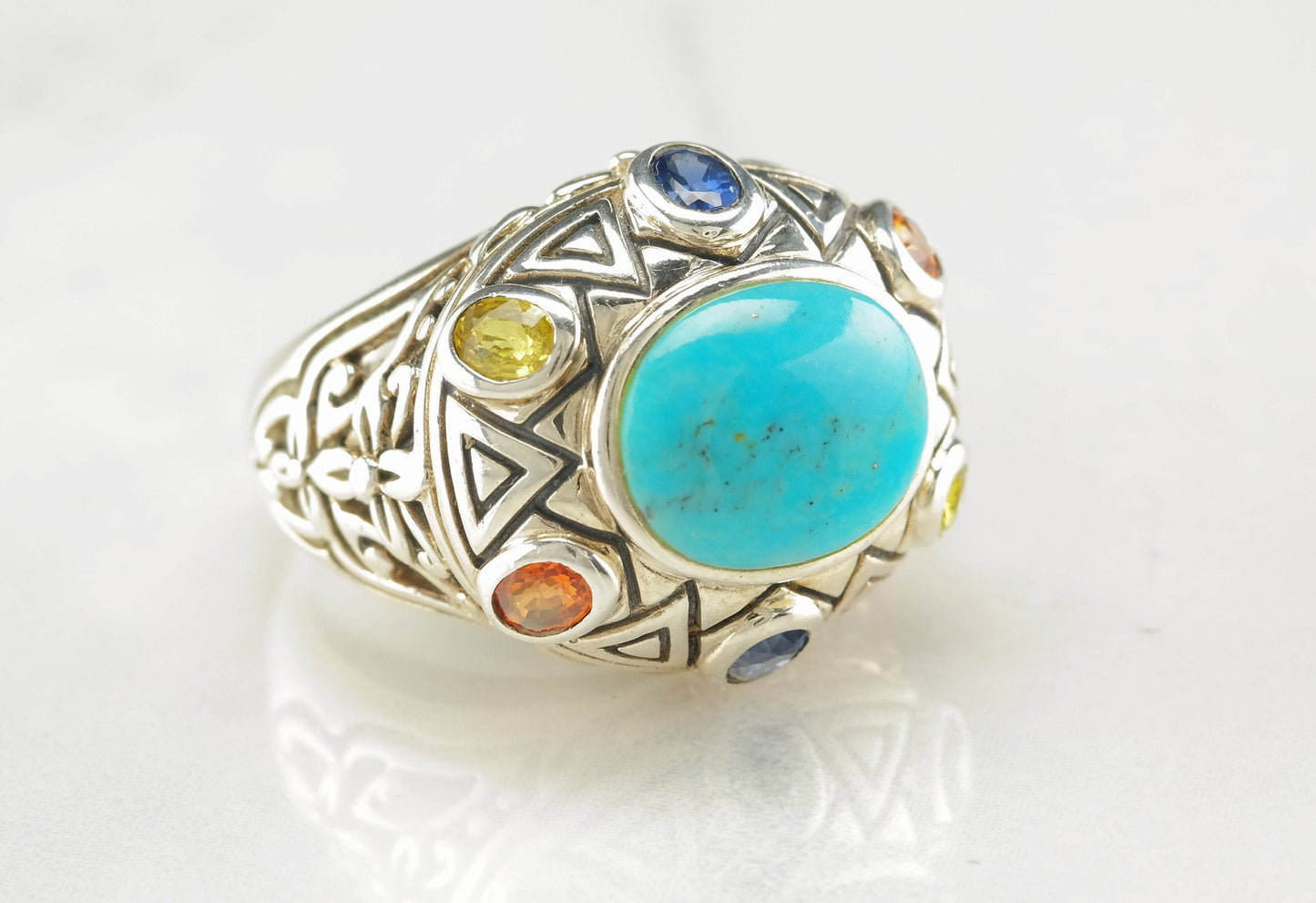 Statement Sterling Silver Ring Size 8 Blue, Yellow, Orange Turquoise Natural Sapphires