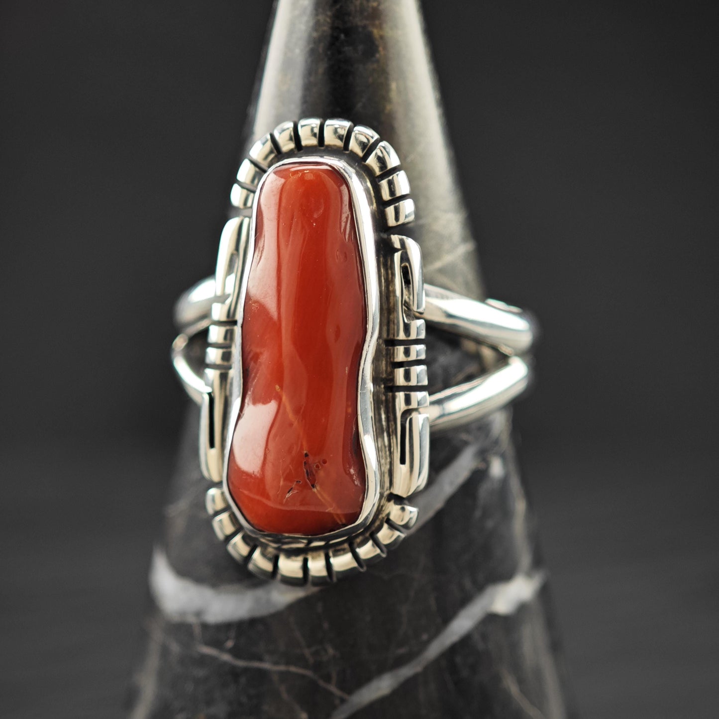 Native American Long Coral Ring Sterling Silver Size 9
