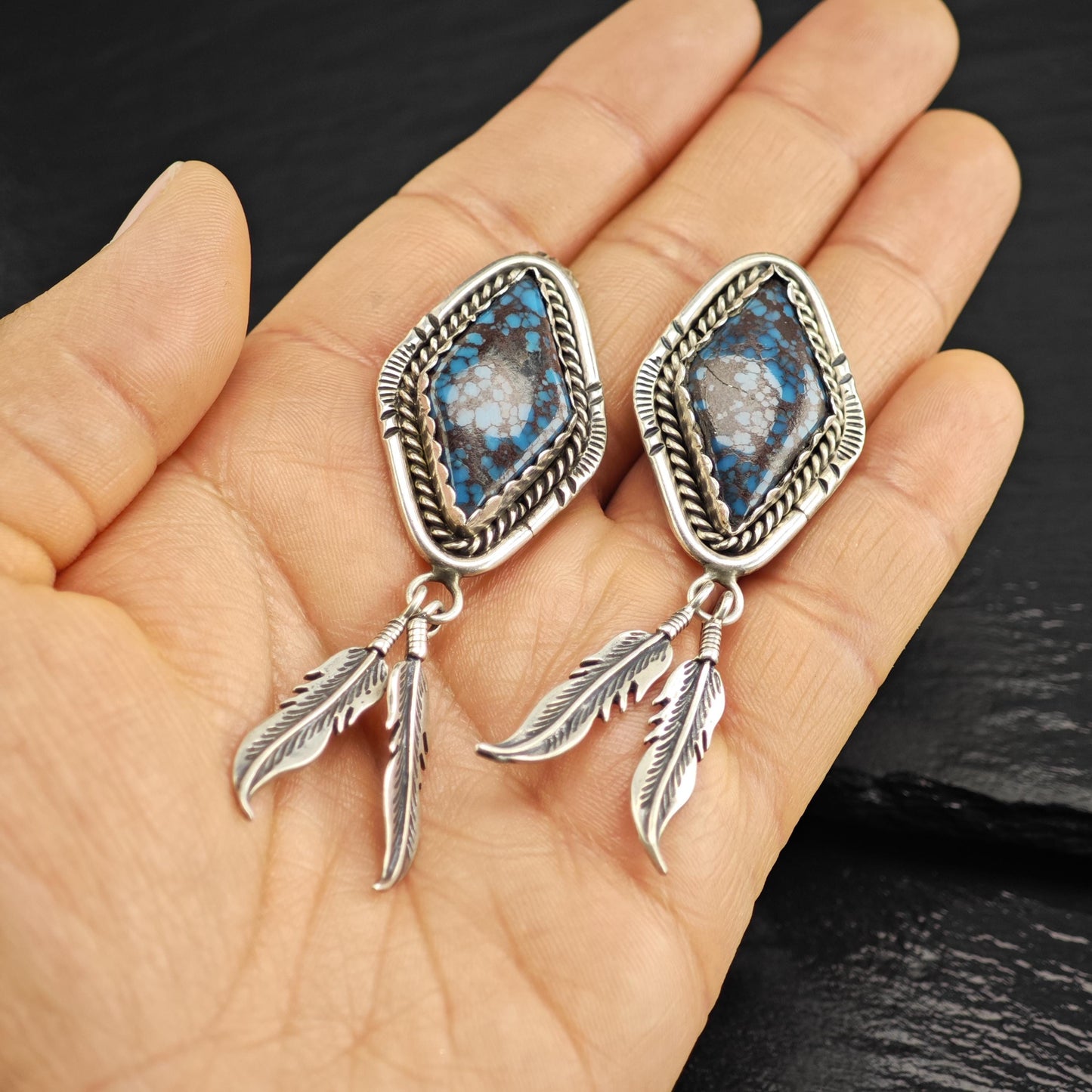 Native American Blue Spiderweb Turquoise Sterling Silver Earrings ER3126