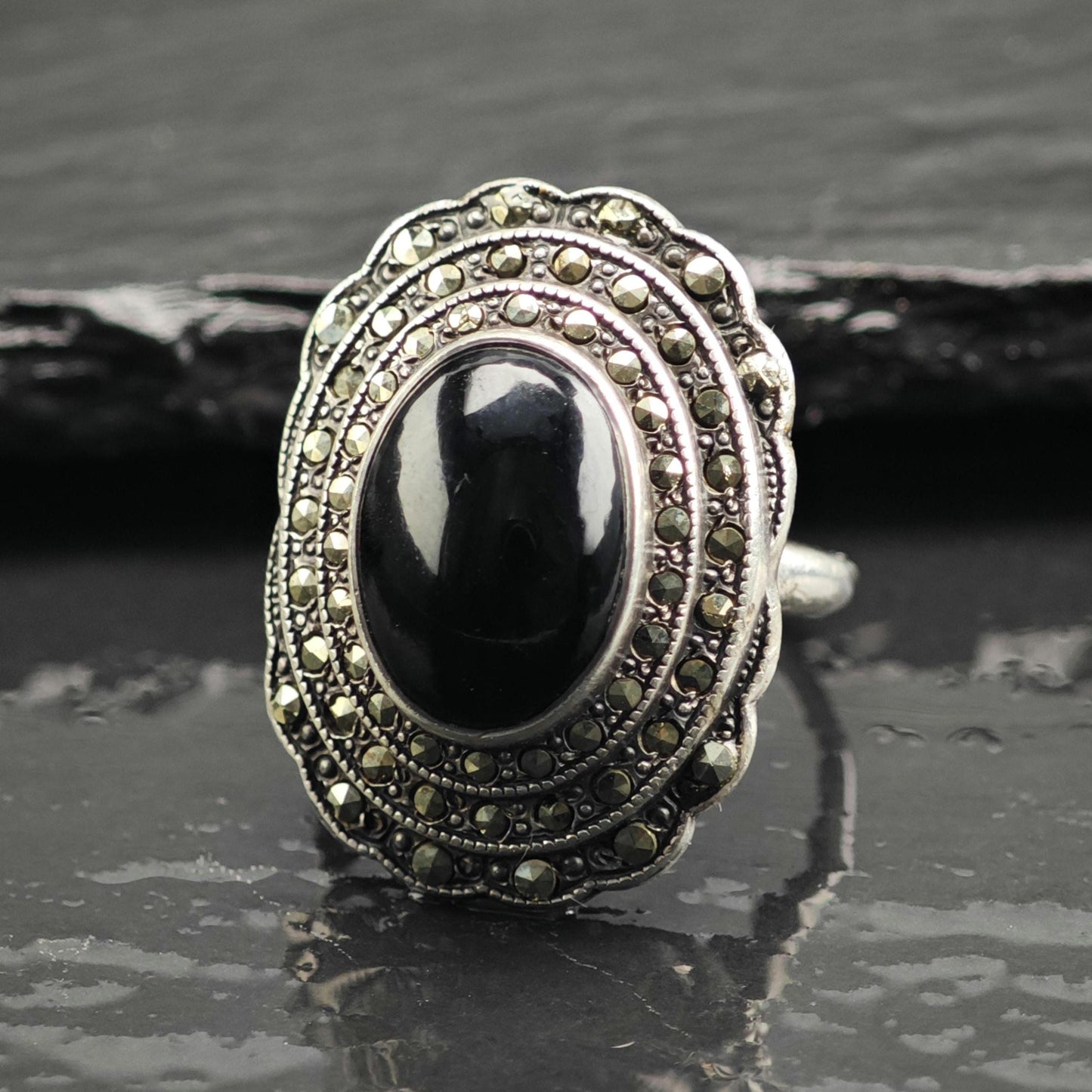 Large Art Deco Onyx Cabochon Sterling Silver Ring Sz 6 3/4 R6707Dor