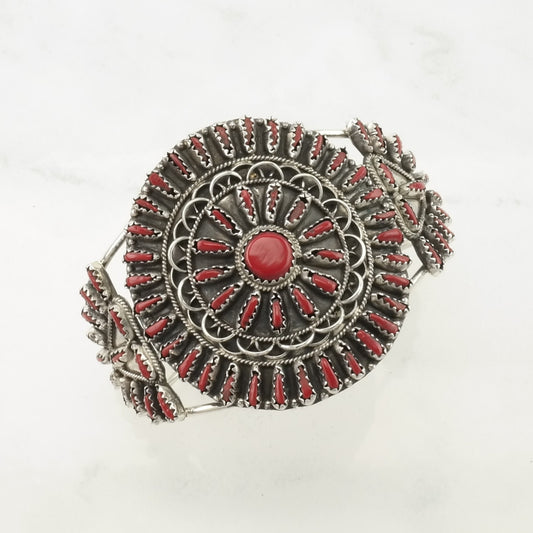 Vintage Southwest Sterling Silver Cuff Bracelet Red Created Coral Needlepoint, Floral