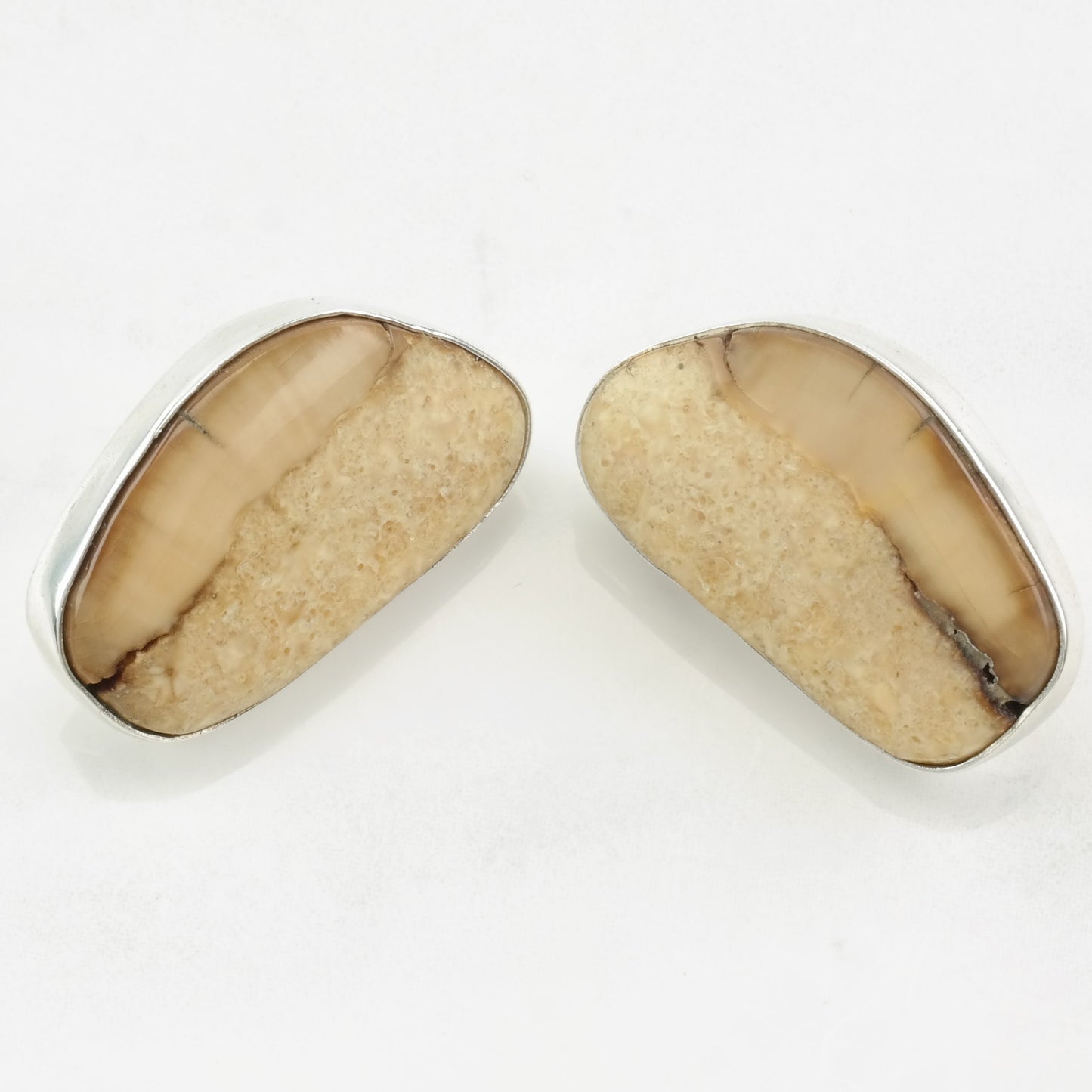 Native American Beige Fossil Sterling Silver Earrings Stud