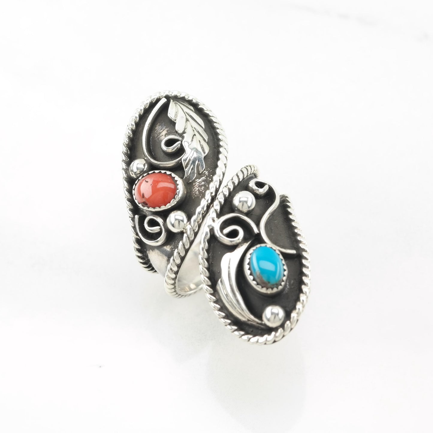 Native American Silver Ring Turquoise, Coral Feather, Large, Bypass Sterling Blue, Red Size 8 1/2