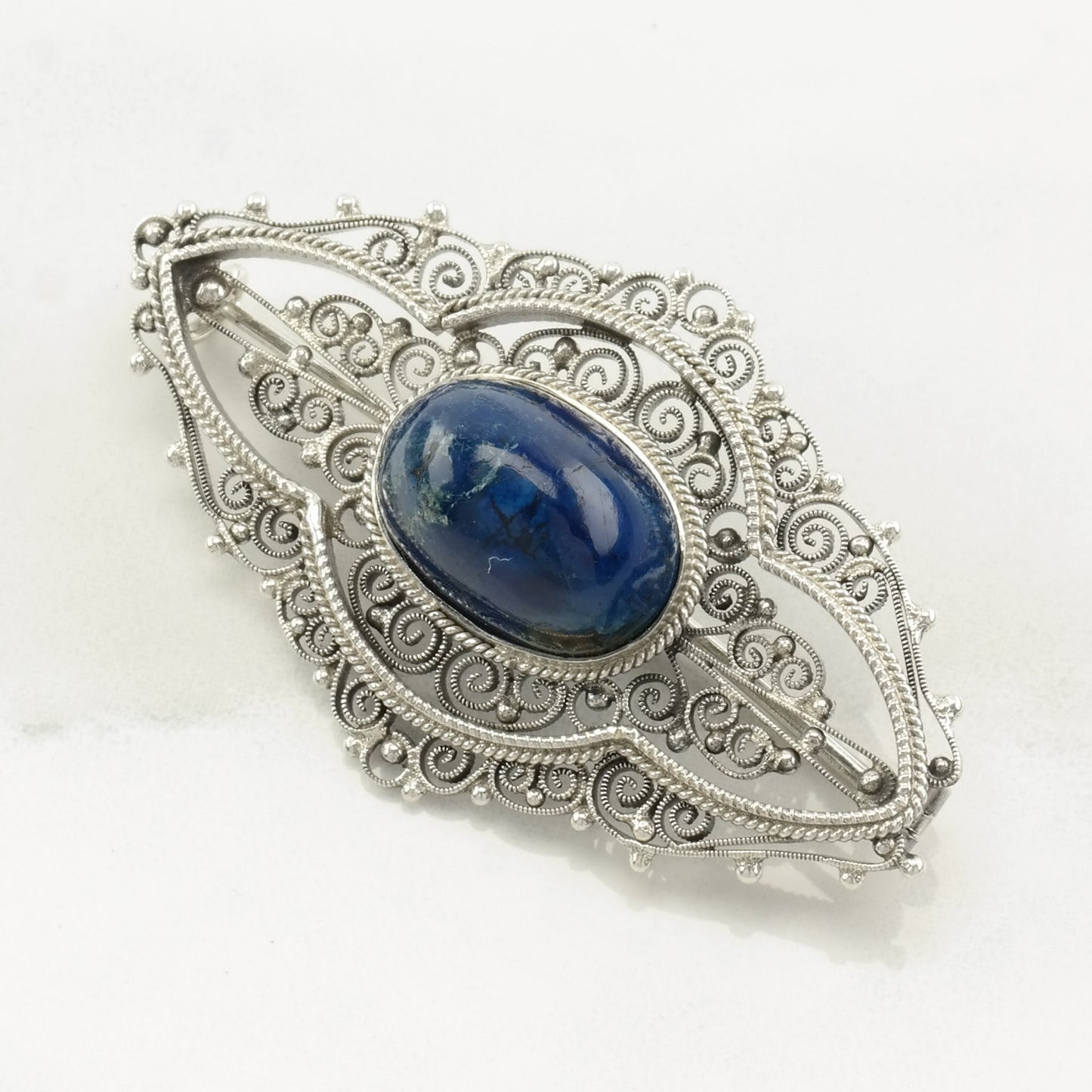 Italian Sterling Silver Brooch Filigree Lapis Lazuli