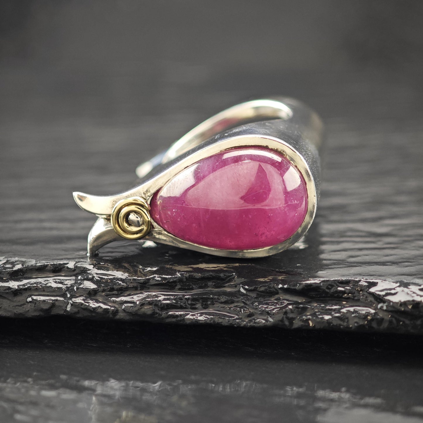 Wave Style Pink Ruby Cabochon Ring Sterling Silver Size 7 1/2