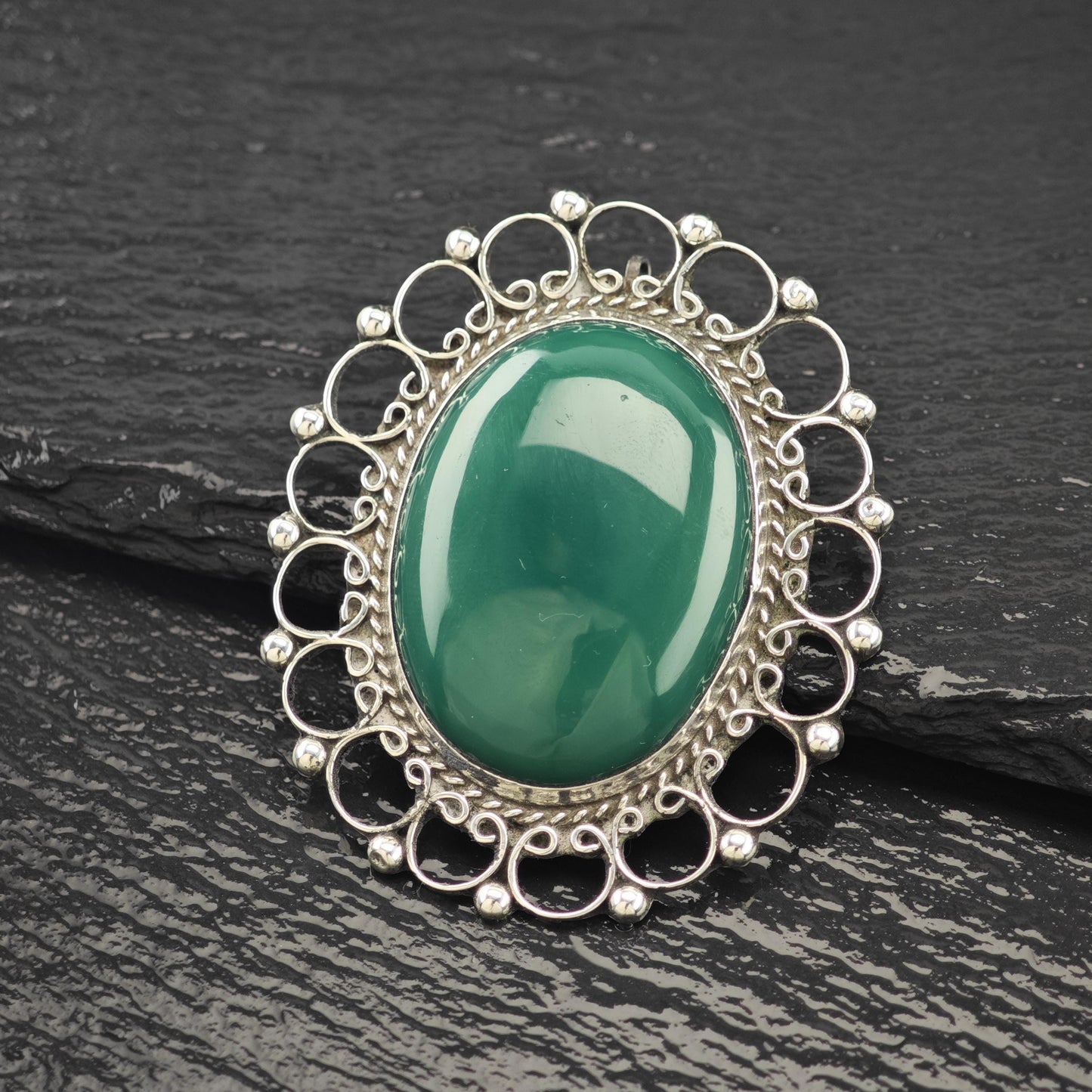 Green Onyx Mexican Brooch/Pendant Sterling Silver