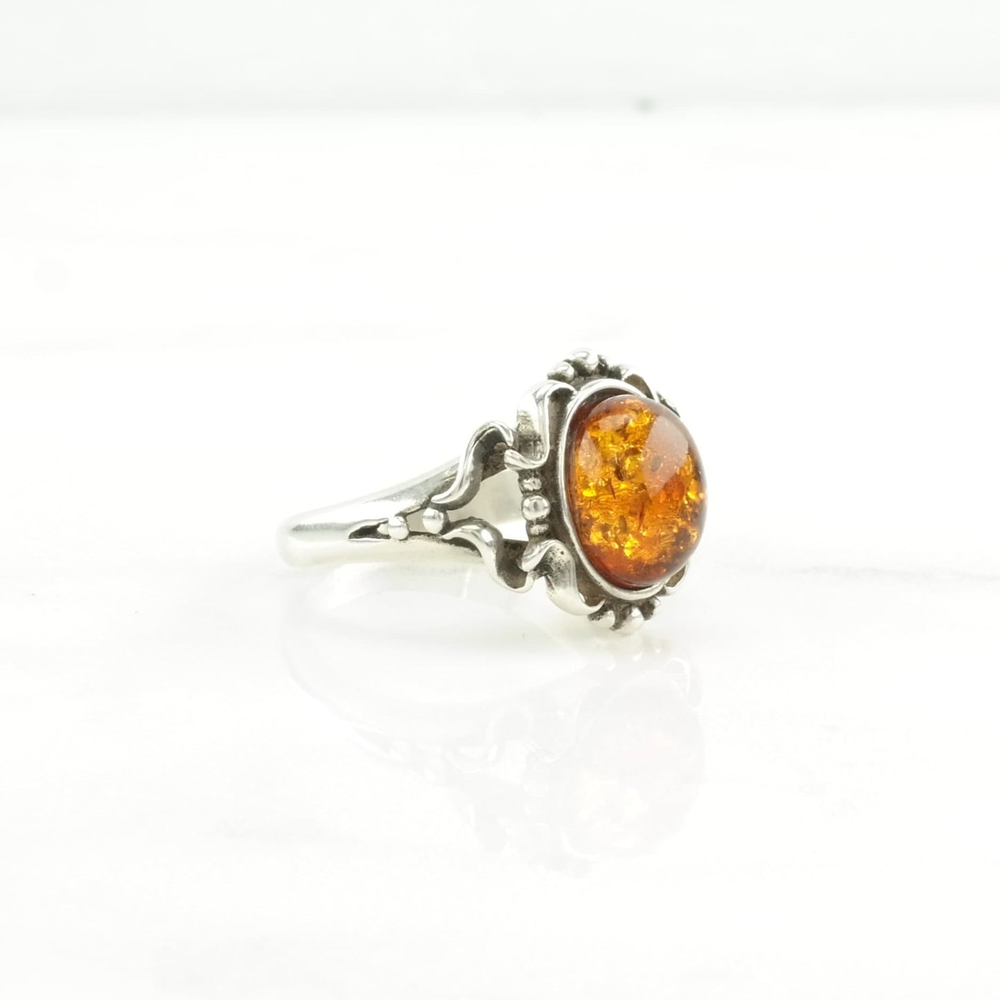 Sterling Silver Ring Amber Orange Size 6 3/4