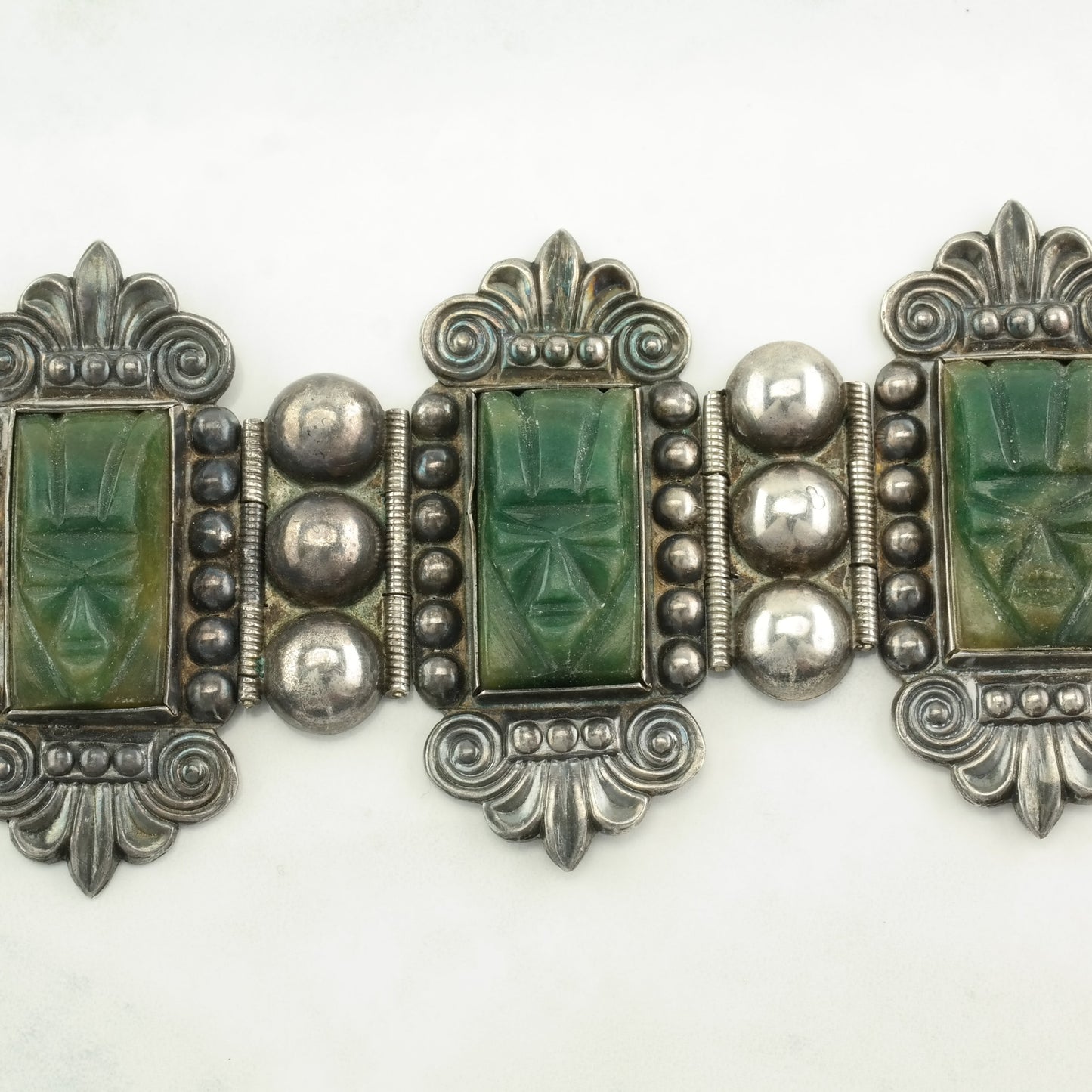 Taxco Sterling Silver Link Bracelet Green Guatemalan Jade Carved, Aztec Faces