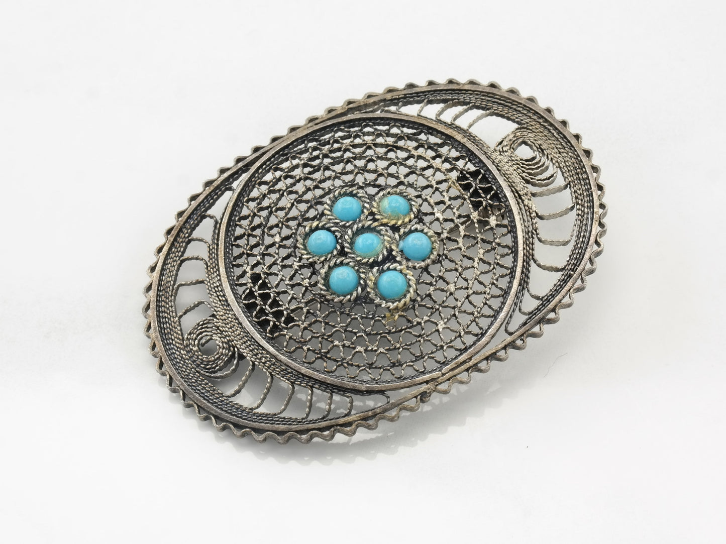 Vintage Filigree Turquoise Brooch Sterling Silver