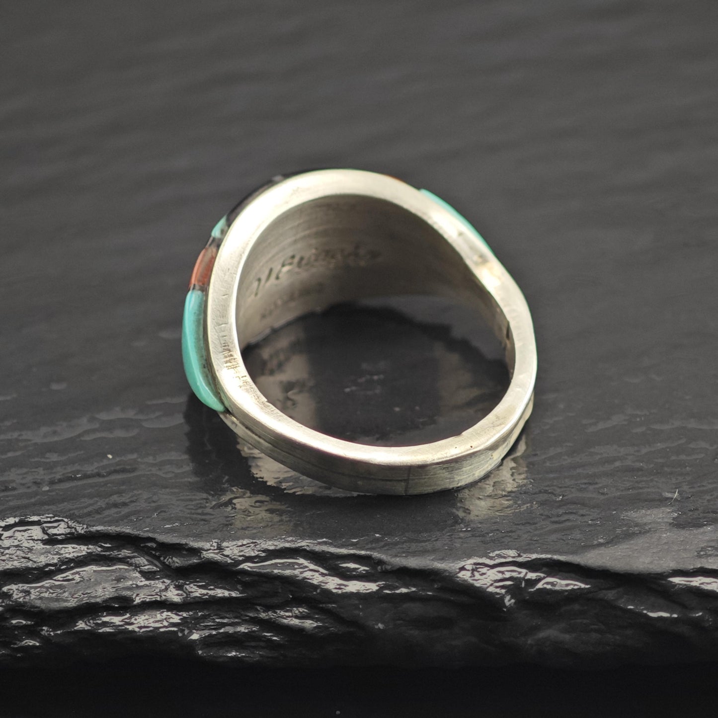 Vintage Zuni Multistone Inlay Band Sterling Silver Ring Sz 7 1/2 R6664