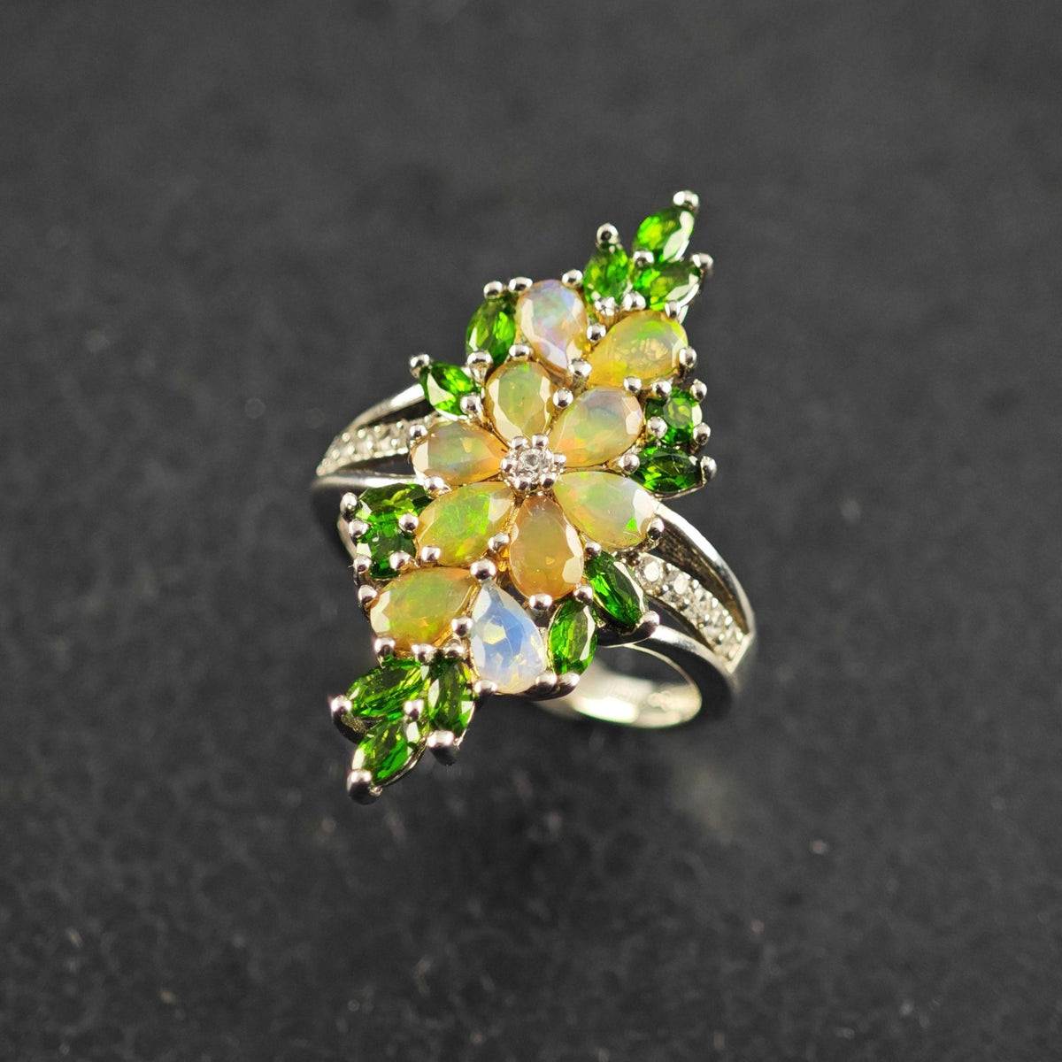 Opal Diopside Floral Cluster Sterling Silver Ring Sz 9 R6876