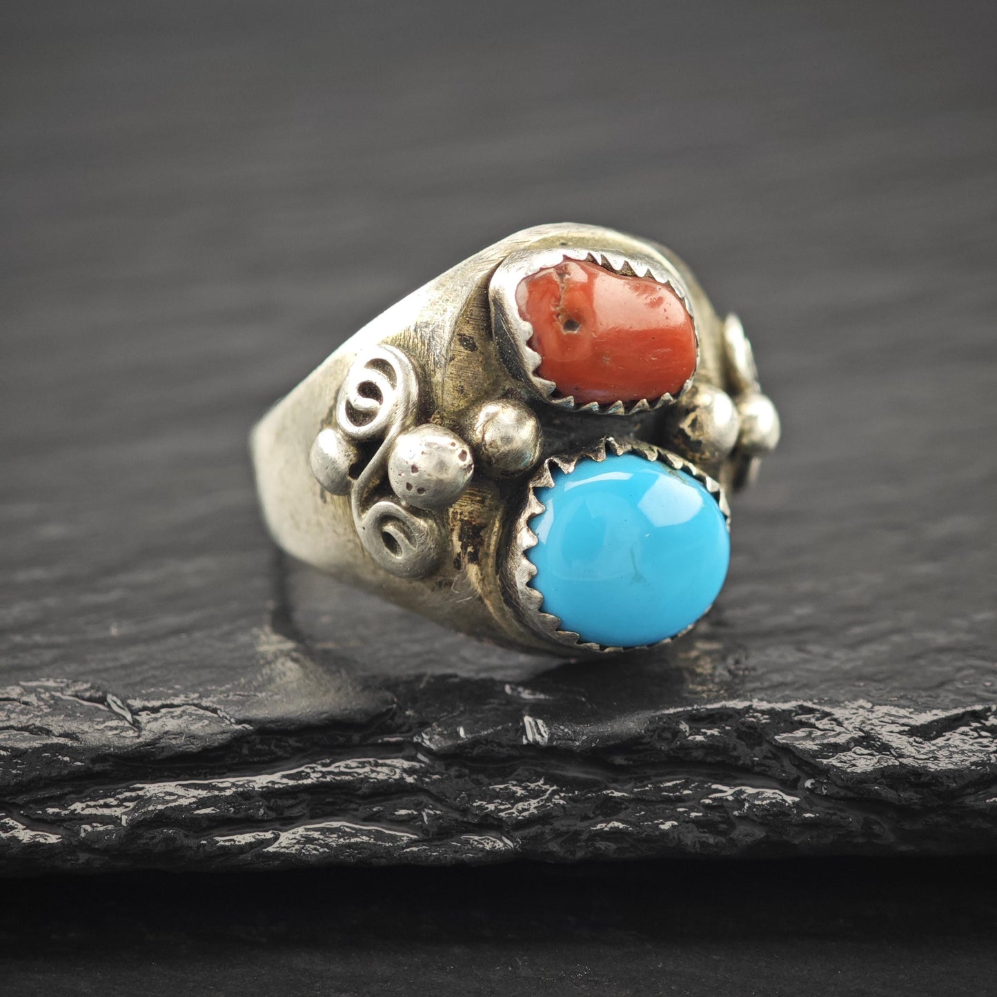 Native American Turquoise, Coral Ring Sterling Silver Size 8 1/2
