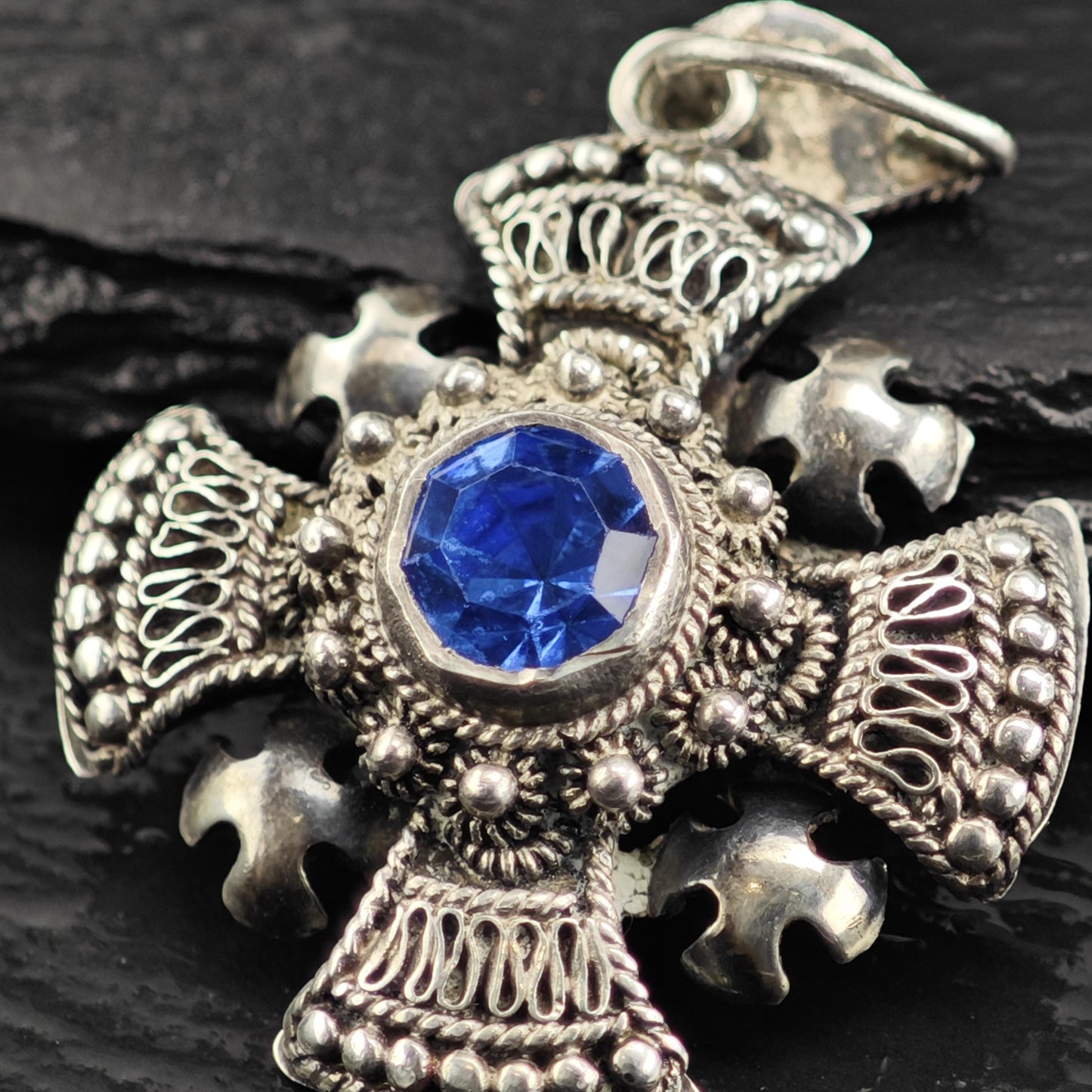 Blue Stone Jerusalem Cross Pendant Sterling Silver P3074