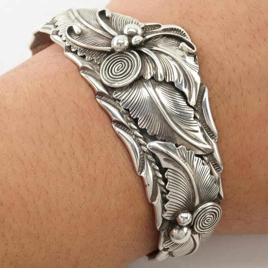 Signed Floral Cuff Bracelet Sterling Silver