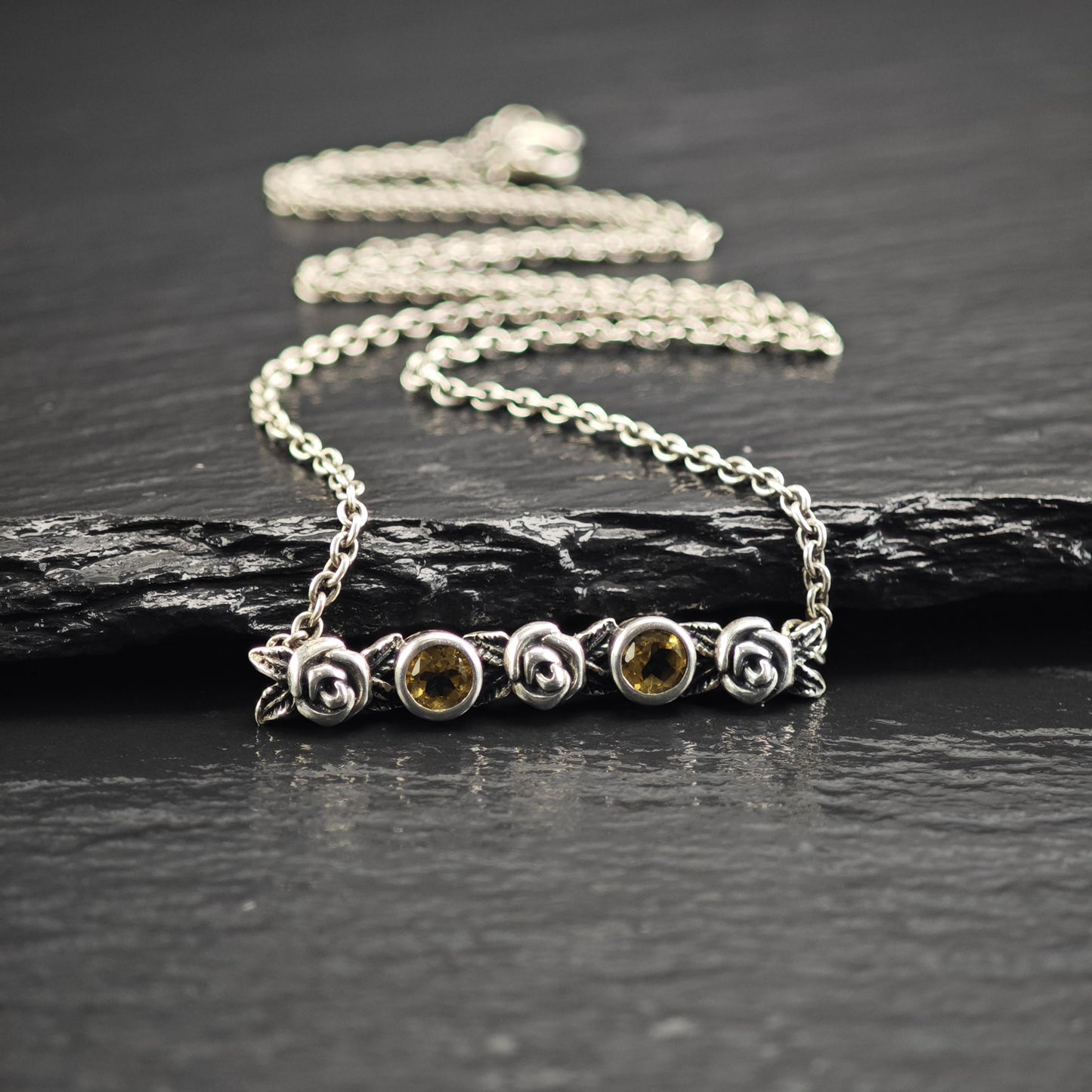 Yellow Citrine Floral Sterling Silver Necklace N2737