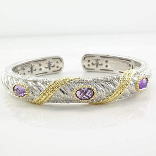 Judith Ripka HInged Cuff Bracelet Amethyst CZ Gold Overlay Sterling Silver