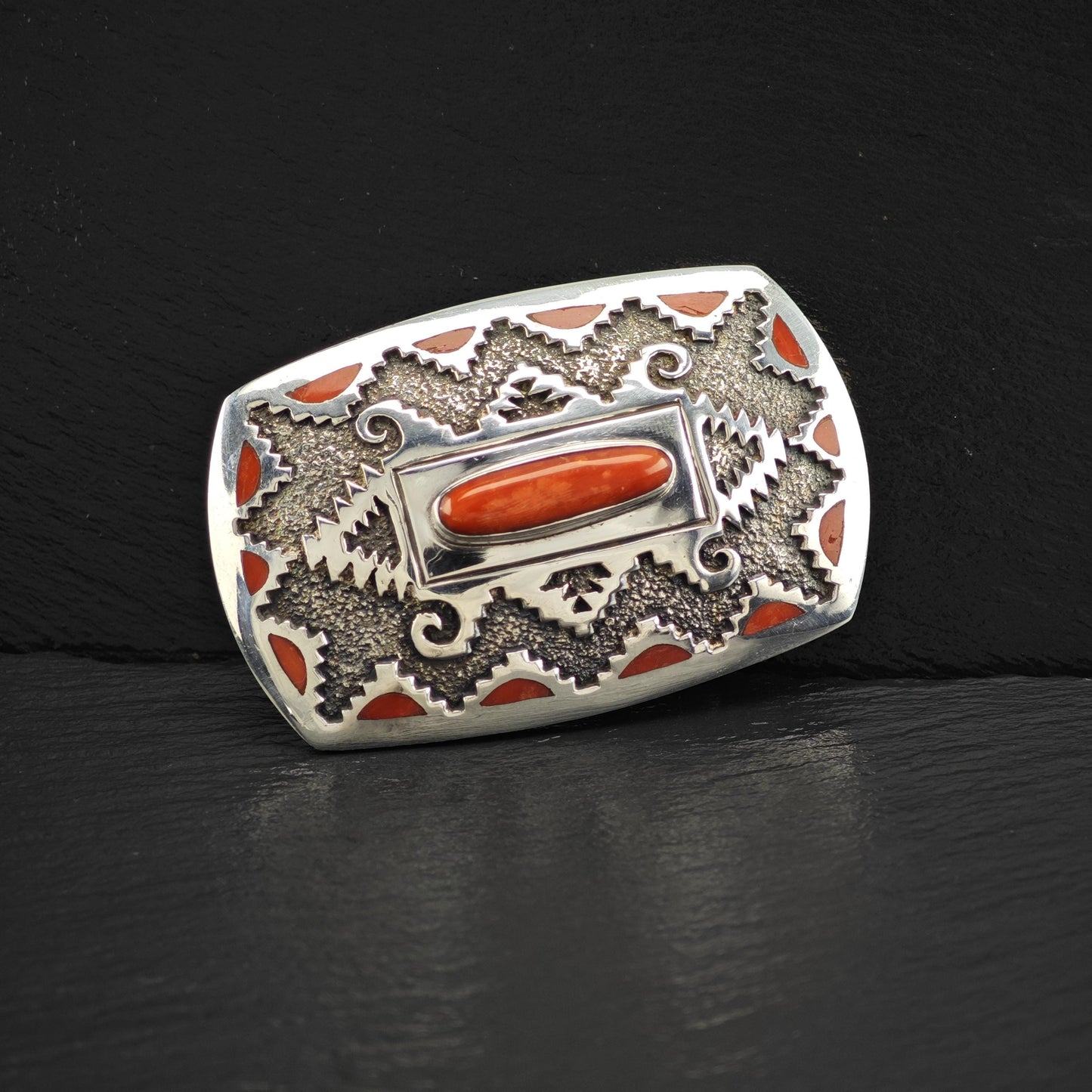 Red Coral Belt Buckle by Michael Perry Sterling Silver Native American Jewelry