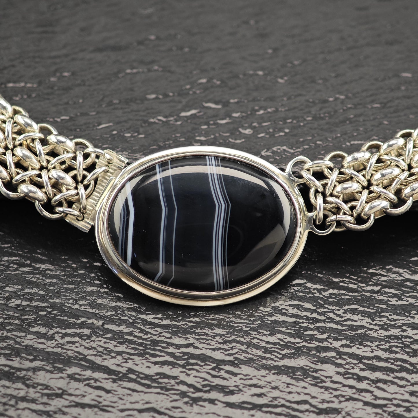 Handmade Designer Black, White Banded Agate Oval Necklace Sterling Silver N2563