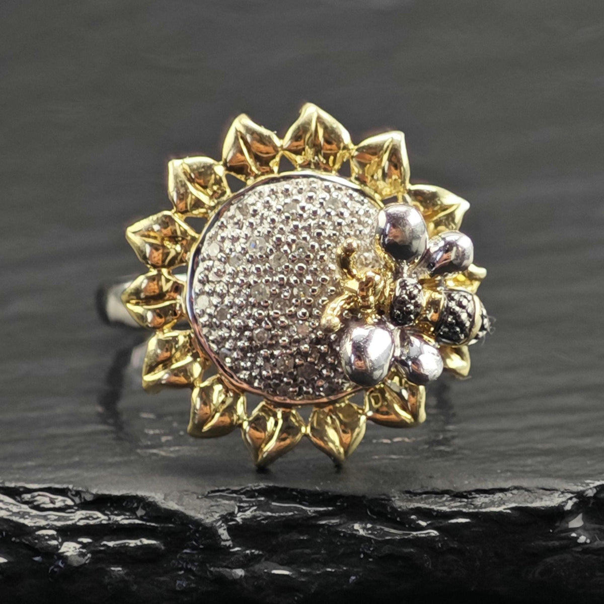 Diamond Flower Bee Gold-Plated Accent Sterling Silver Ring Sz 8 3/4 R6734