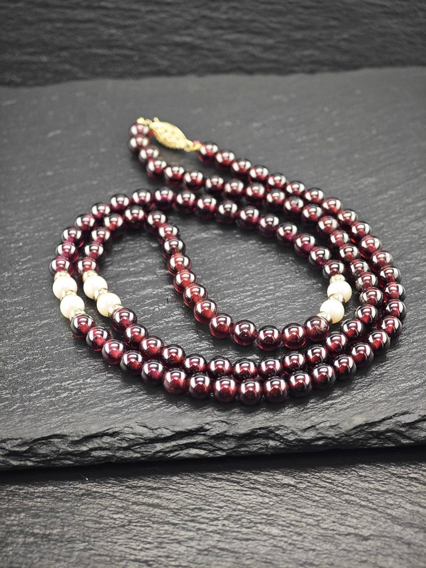 Multi-color Garnet, Pearl 14k Gold Clasp, Beaded Necklace Sterling Silver N2471