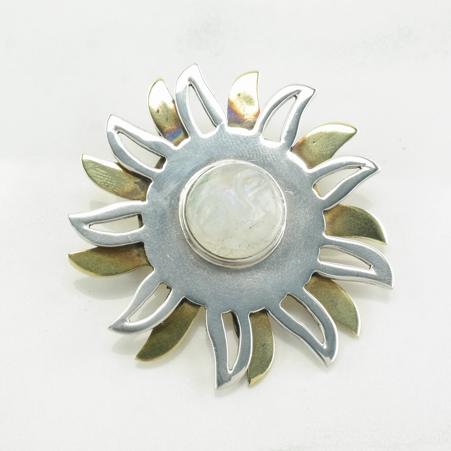 Mexican Sterling Silver Brooch Pendant Two Tone Sun, Carved Moonstone