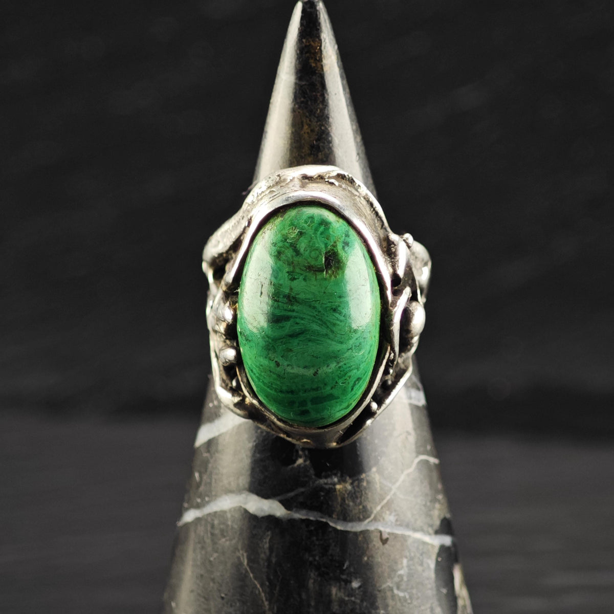 Brutalist Malachite Sterling Silver Ring Sz 7 R6878