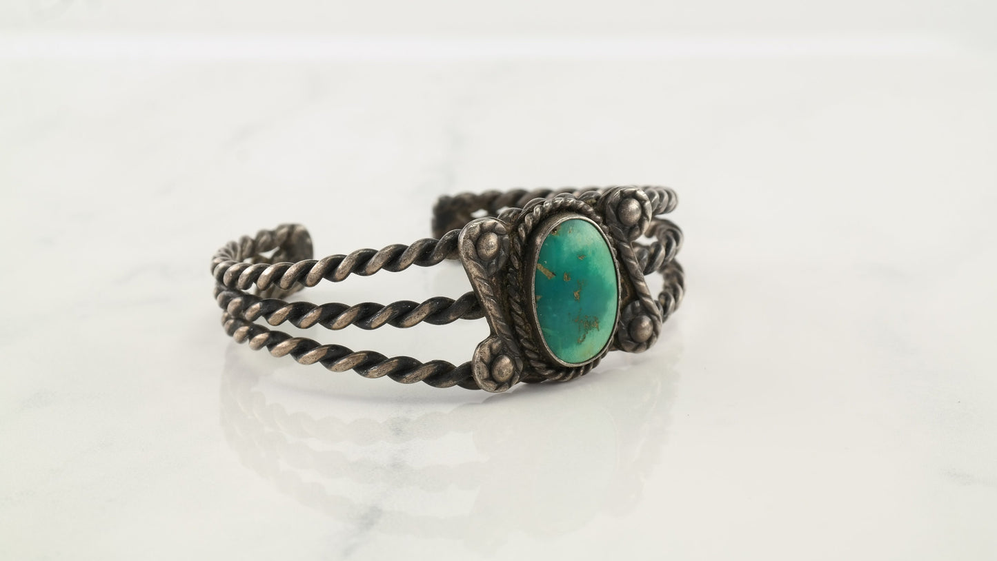 Native American Sterling Silver Cuff Bracelet Greenish Blue Braided Rope Turquoise