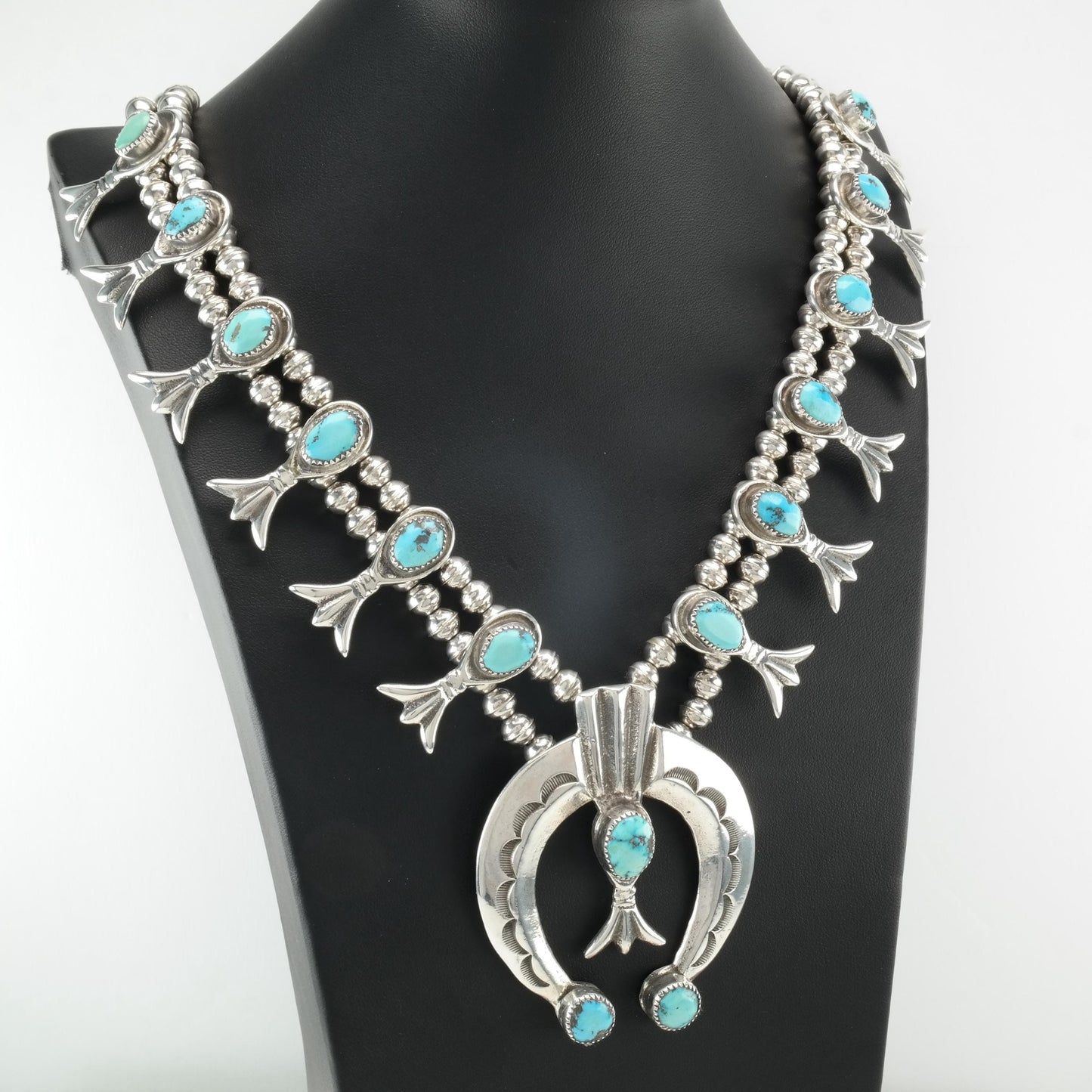 Vintage Native American Turquoise, Sand Cast Sterling Silver Squash Blossom Necklace