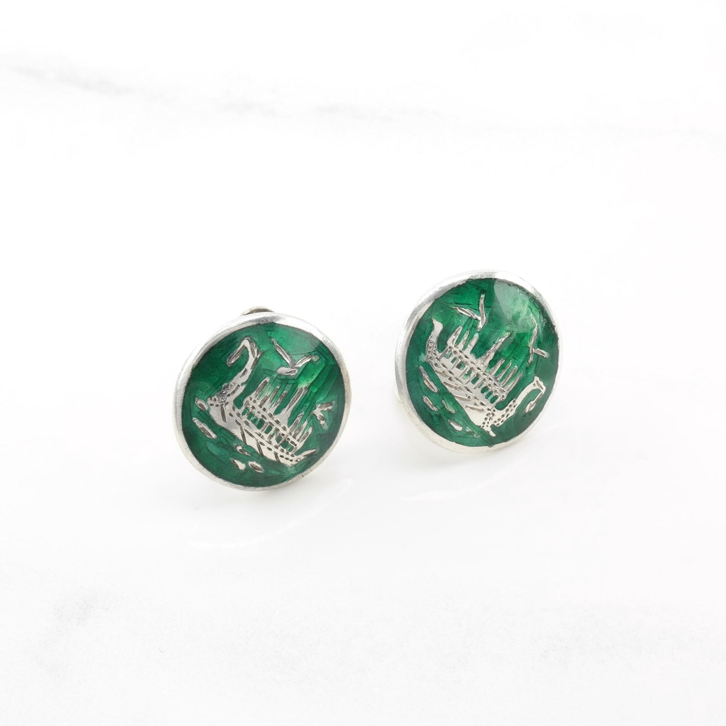 Vintage Sterling Silver Green Orange Niello Siam Screw Back Earrings Enamel