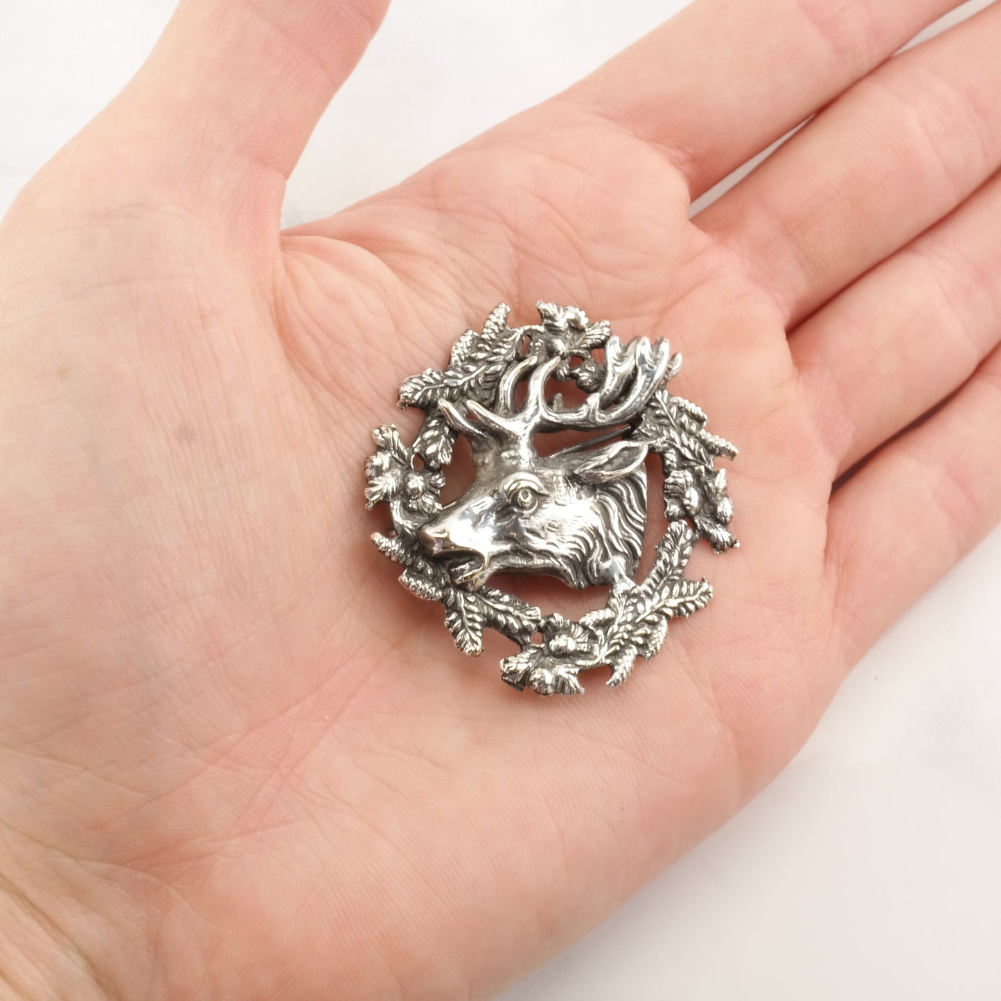 Germany Sterling Silver Brooch Deer Wreath