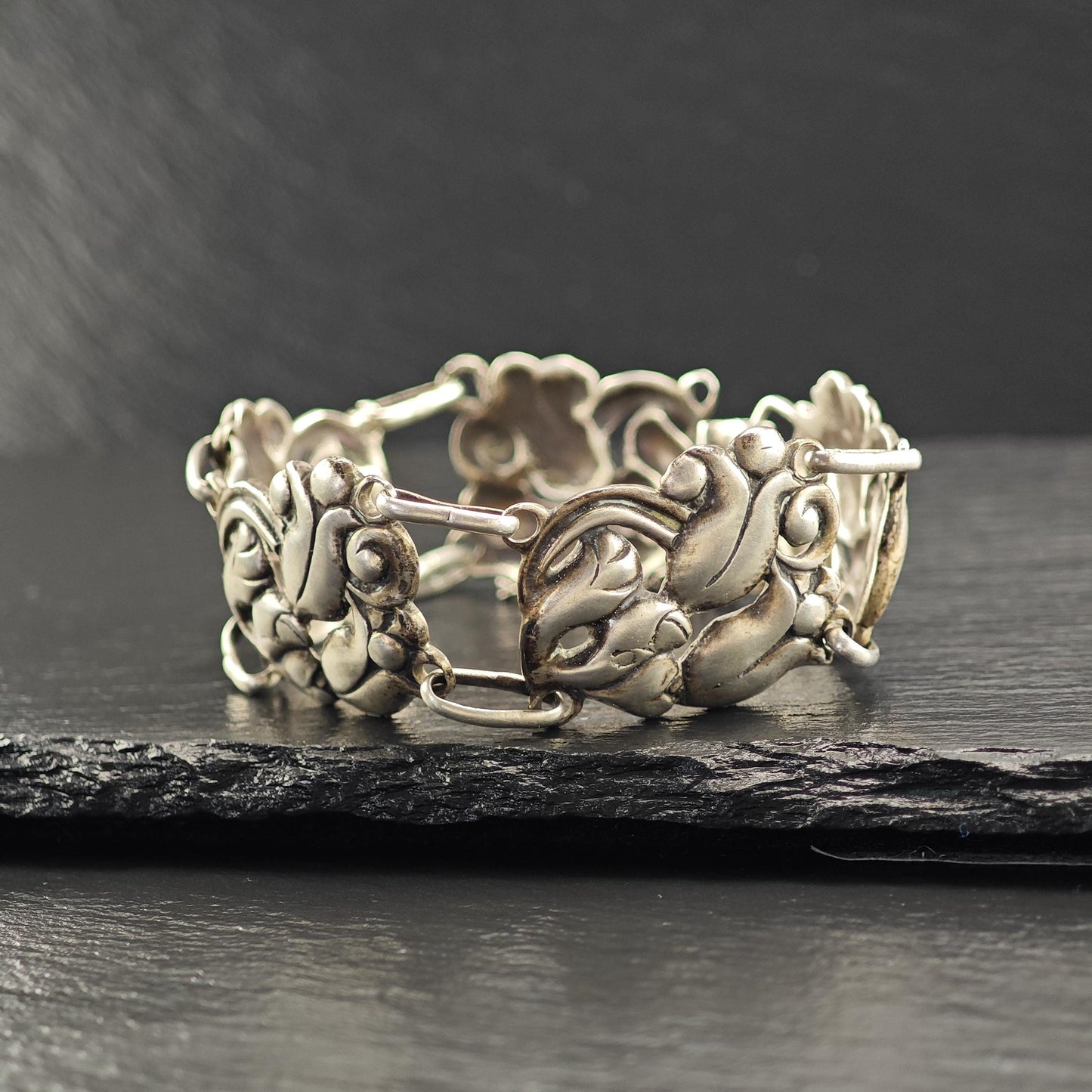 Vintage Art Nouveau Floral Link Bracelet Sterling Silver