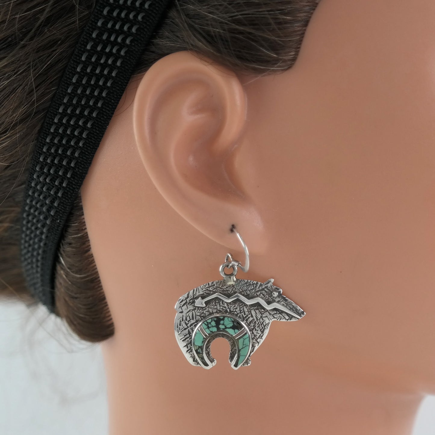 Southwest Sterling Silver Spiderweb Turquoise Inlay, Bear Earrings Fish hook