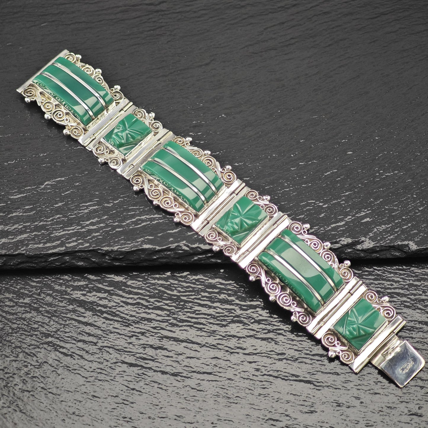 Carved Face Green Onyx Panel Bracelet Sterling Silver Size 7"